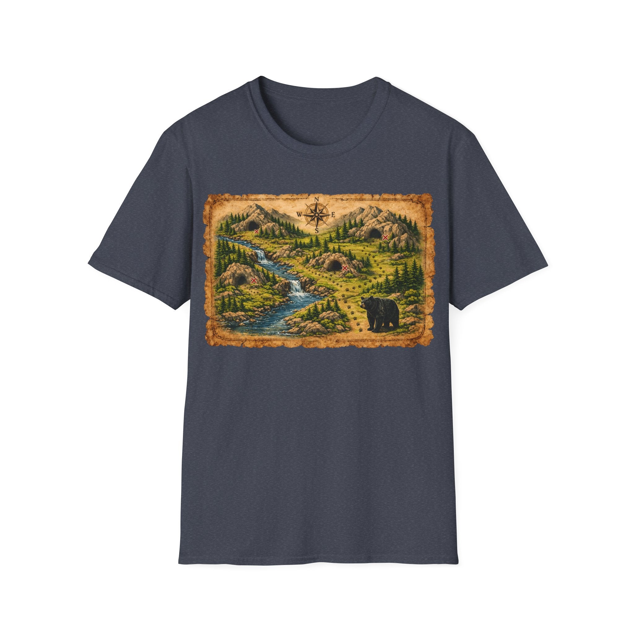 Adventure Map Unisex T-Shirt — Vintage Hiking Map with River & Bear Art