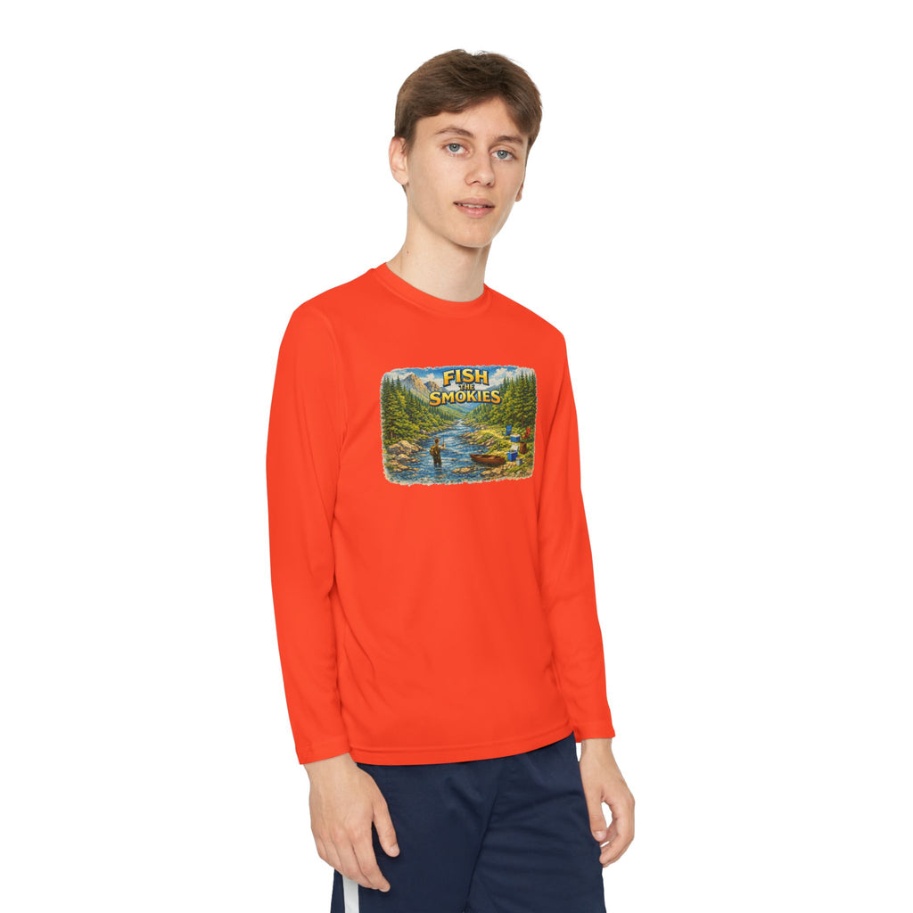 Youth Long Sleeve Tee - 'Fish Smokies' Scenic Fishing River Graphic