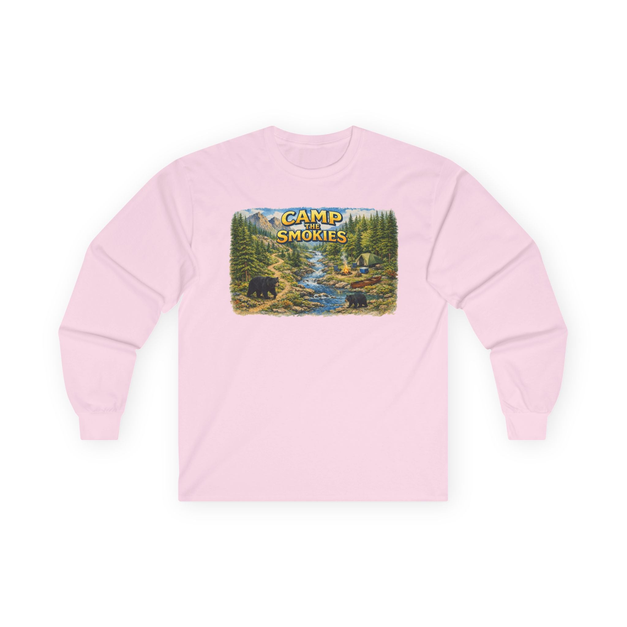 Camp The Smokies Scenic Long Sleeve Unisex Tee — Mountain Camping Bear Graphic