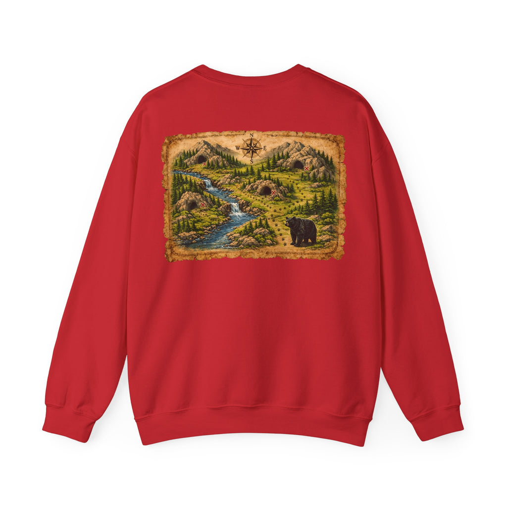 Bear Cave Treasure Map Unisex Crewneck Sweatshirt — Vintage Wilderness Map Graphic