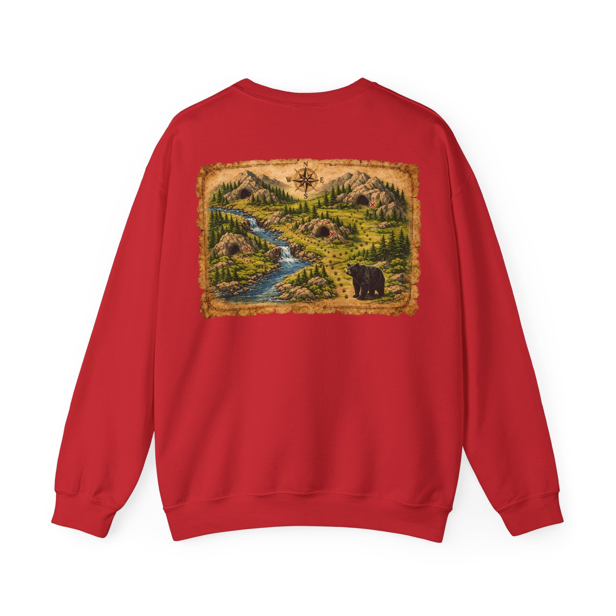 Bear Cave Treasure Map Unisex Crewneck Sweatshirt — Vintage Wilderness Map Graphic