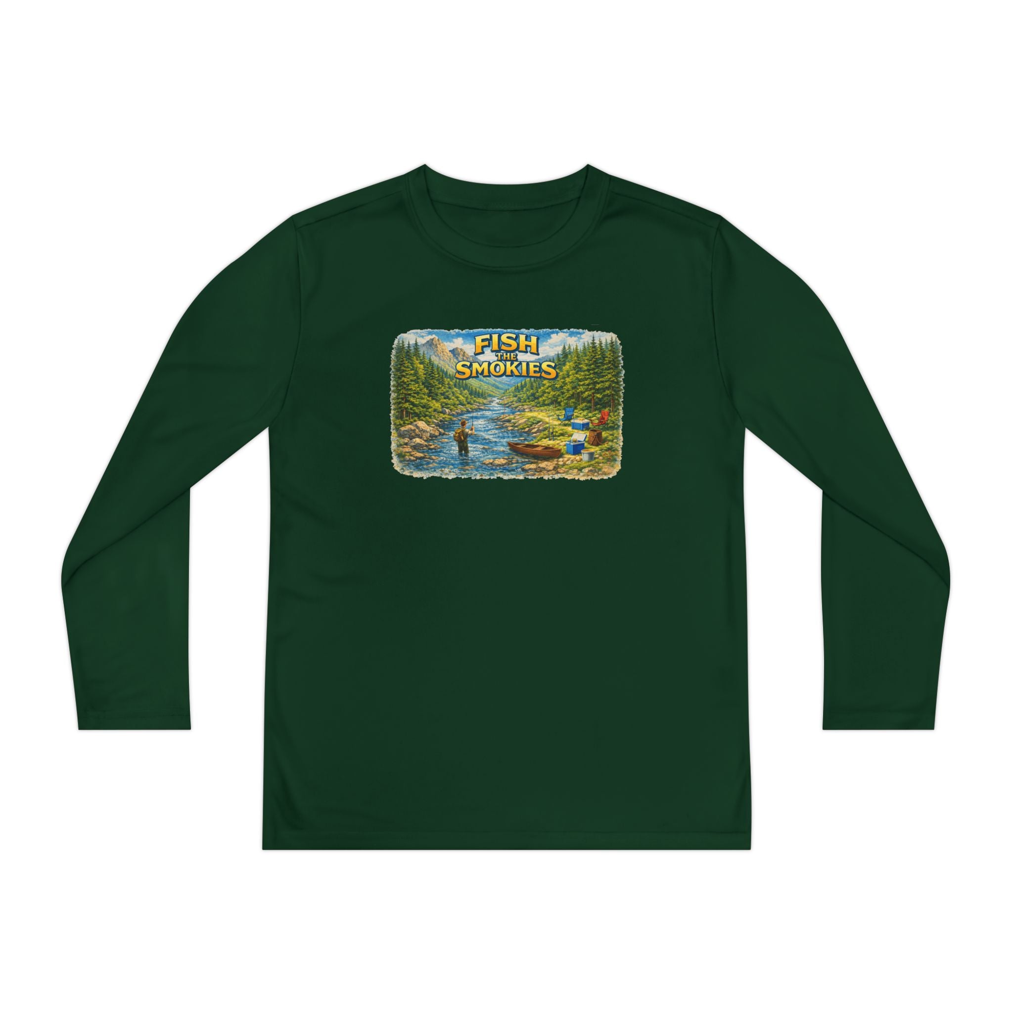 Youth Long Sleeve Tee - 'Fish Smokies' Scenic Fishing River Graphic