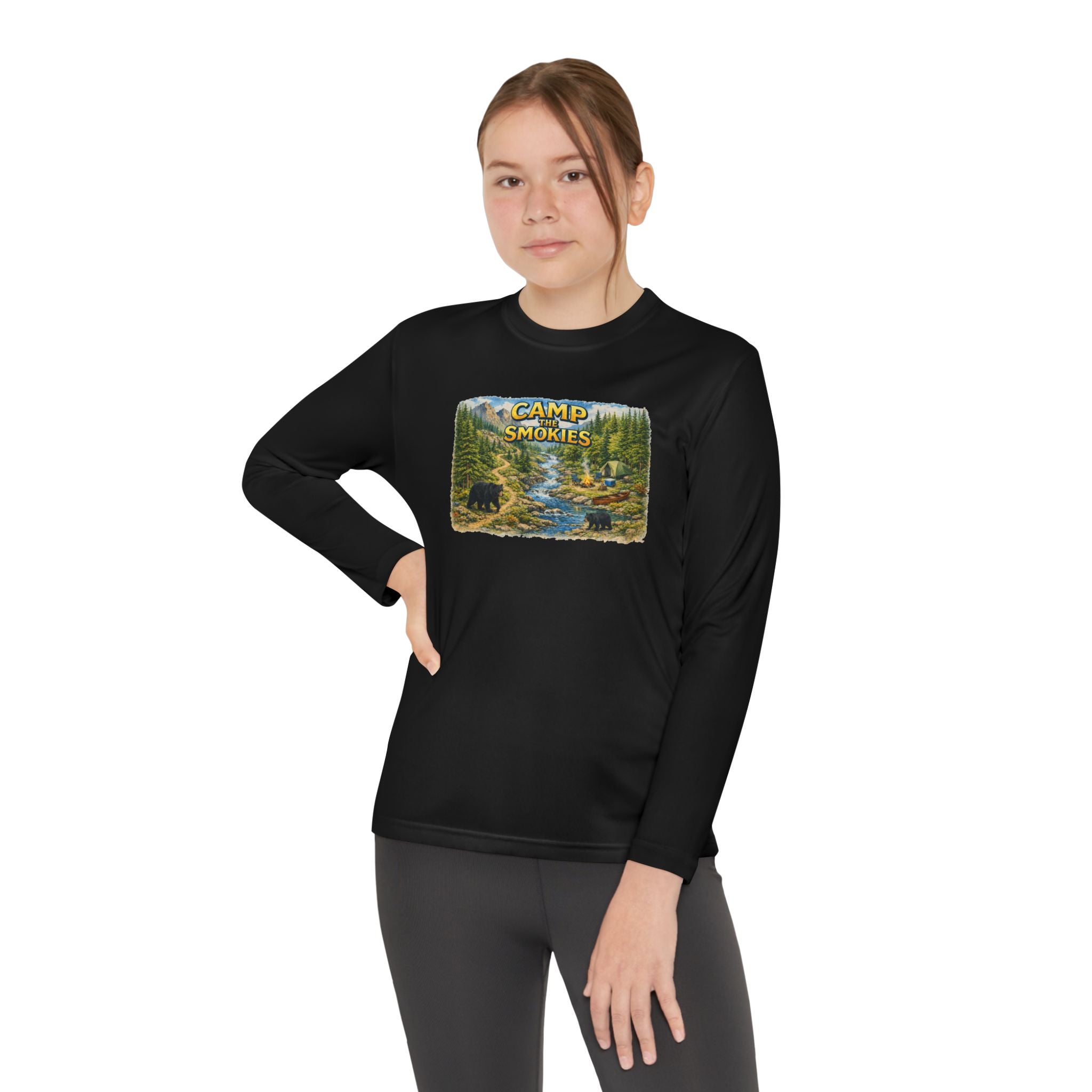 Camp Smokies Youth Long Sleeve Tee — Scenic Mountain River Camping Design