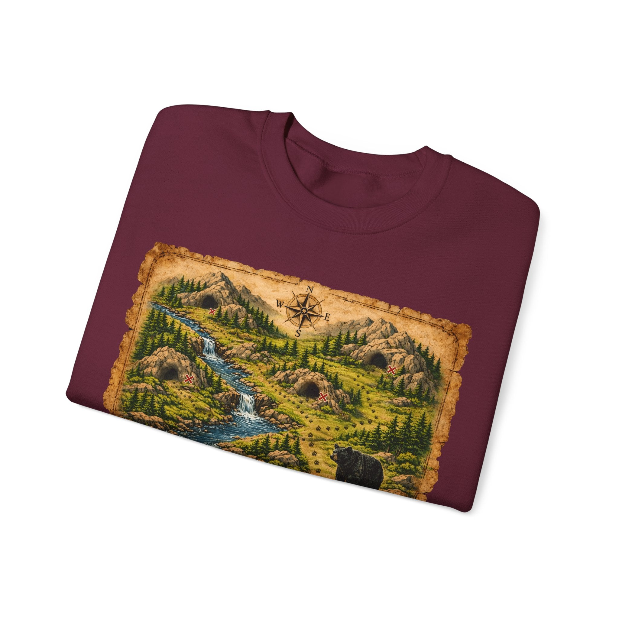 Bear Cave Treasure Map Unisex Crewneck Sweatshirt — Vintage Wilderness Map Graphic
