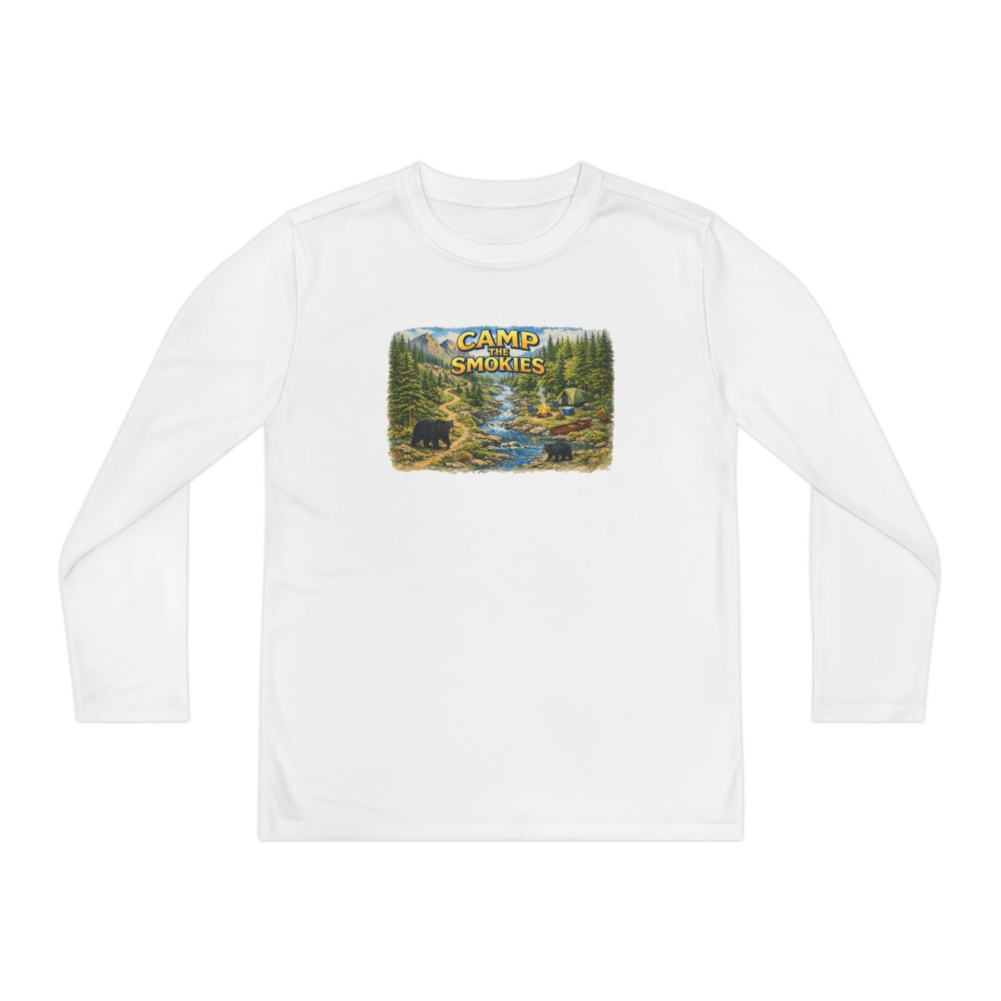 Camp Smokies Youth Long Sleeve Tee — Scenic Mountain River Camping Design