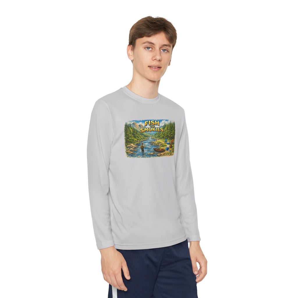 Youth Long Sleeve Tee - 'Fish Smokies' Scenic Fishing River Graphic