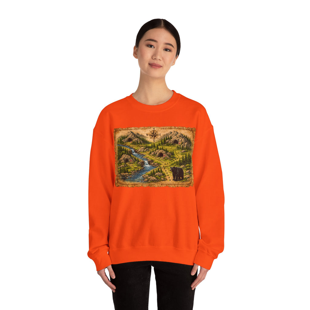 Bear Cave Treasure Map Unisex Crewneck Sweatshirt — Vintage Wilderness Map Graphic