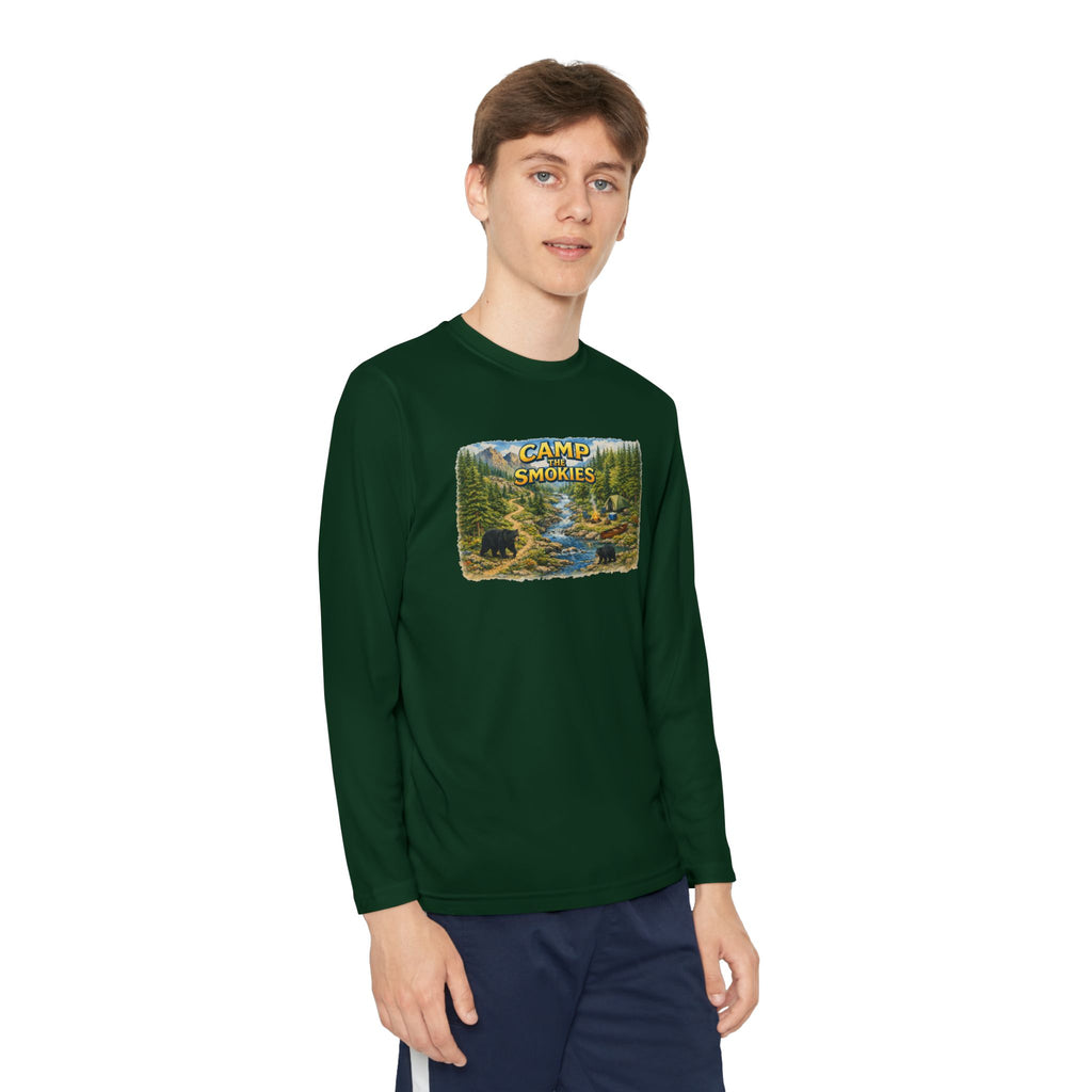 Camp Smokies Youth Long Sleeve Tee — Scenic Mountain River Camping Design