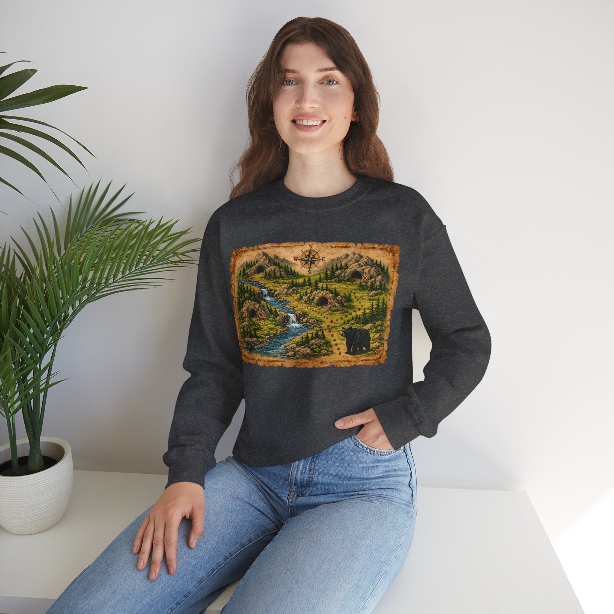 Bear Cave Treasure Map Unisex Crewneck Sweatshirt — Vintage Wilderness Map Graphic