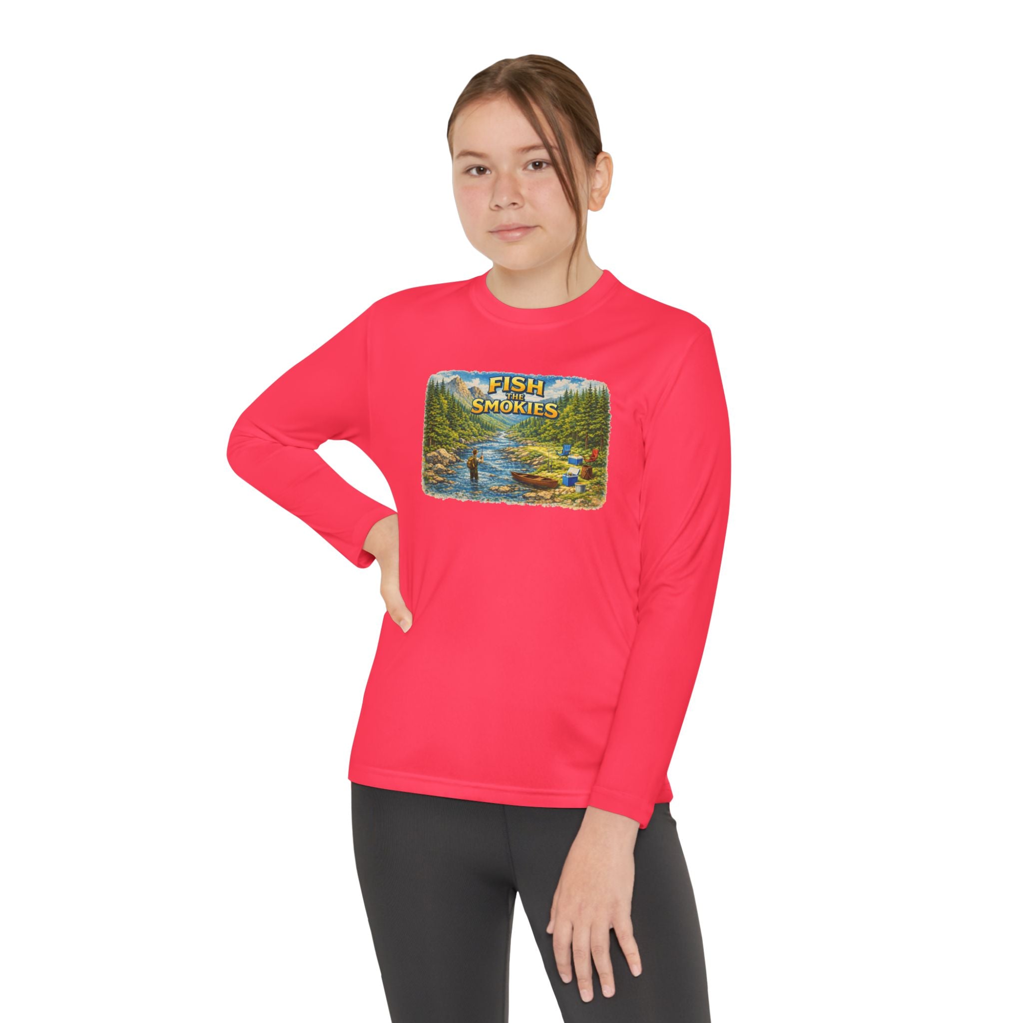 Youth Long Sleeve Tee - 'Fish Smokies' Scenic Fishing River Graphic
