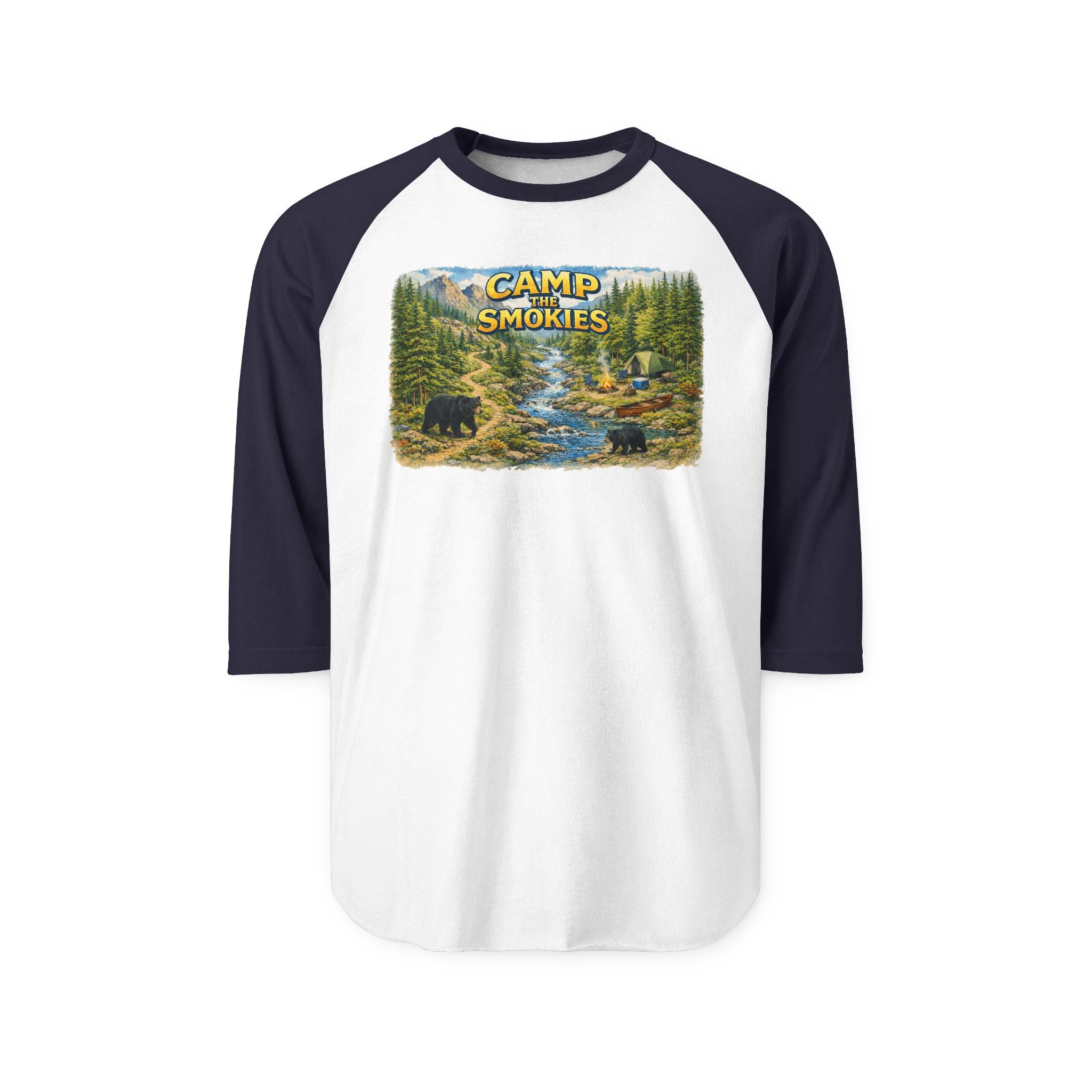Camp The Smokies Unisex Raglan Shirt — Vintage Mountain Camping Baseball Tee