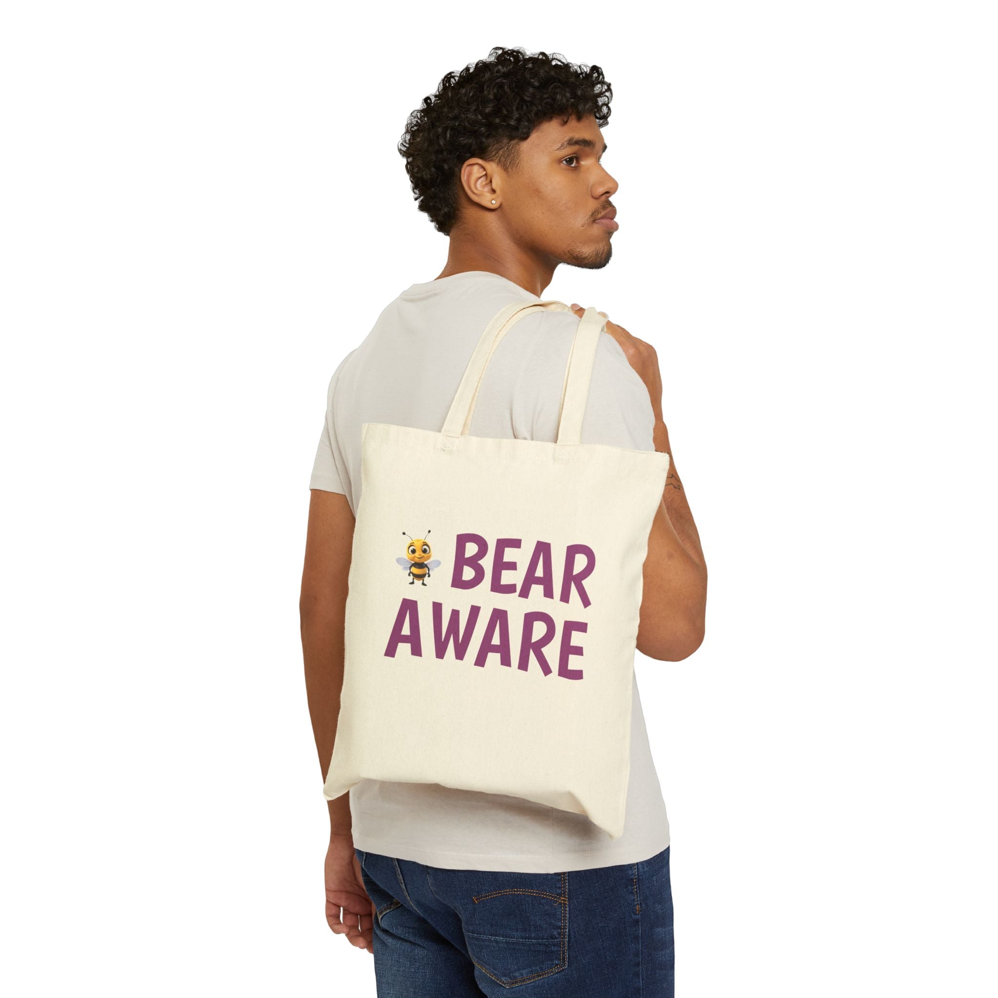 Bear Aware Cotton Tote Bag — Cute Bee & 'BEAR AWARE' Eco Canvas Shopper
