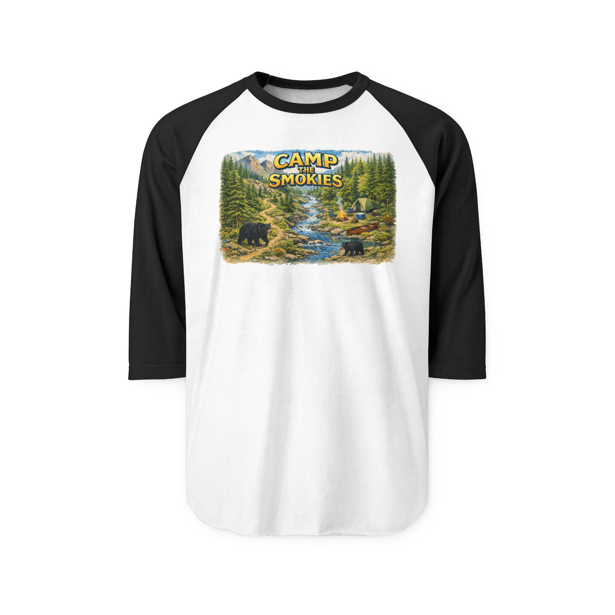Camp The Smokies Unisex Raglan Shirt — Vintage Mountain Camping Baseball Tee