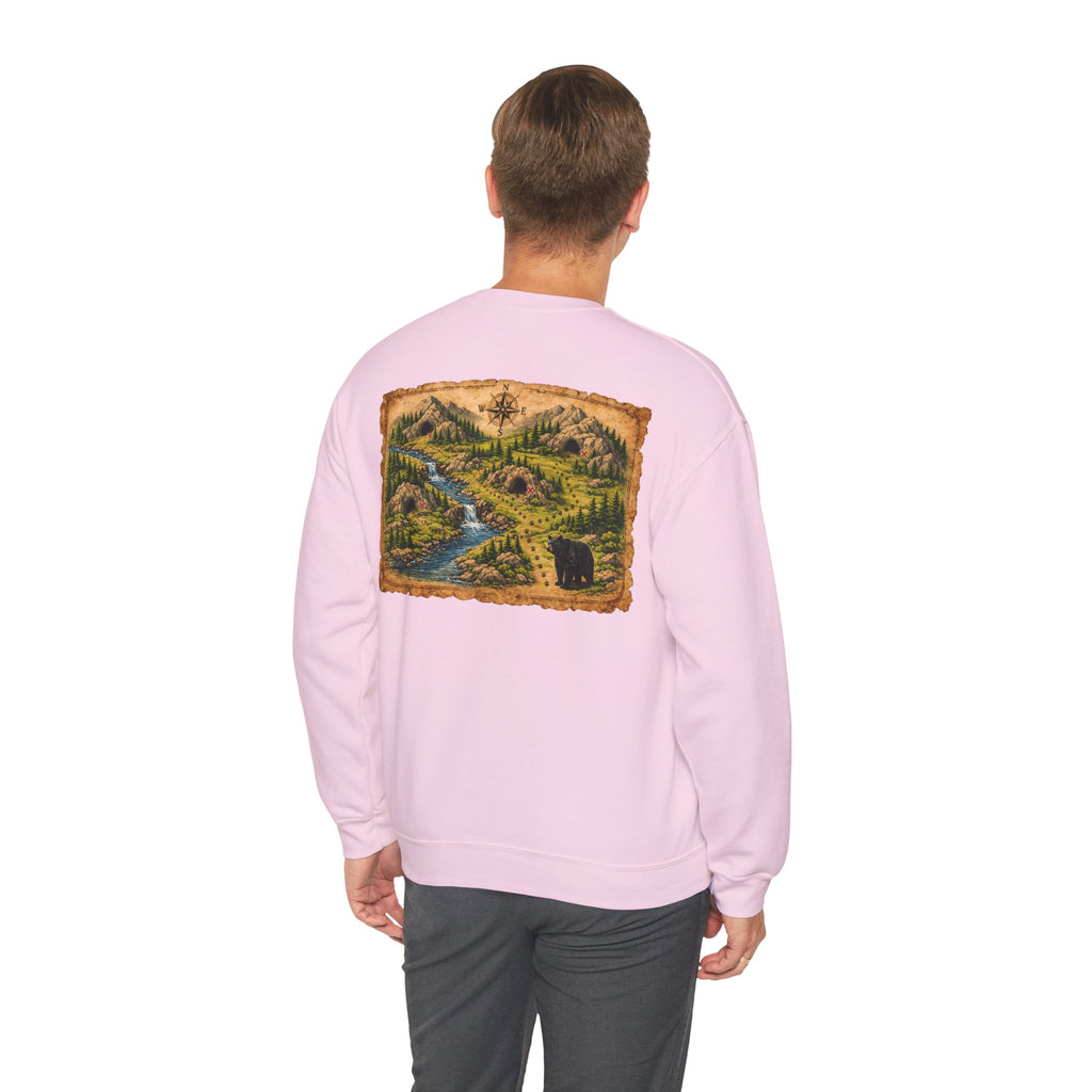 Bear Cave Treasure Map Unisex Crewneck Sweatshirt — Vintage Wilderness Map Graphic