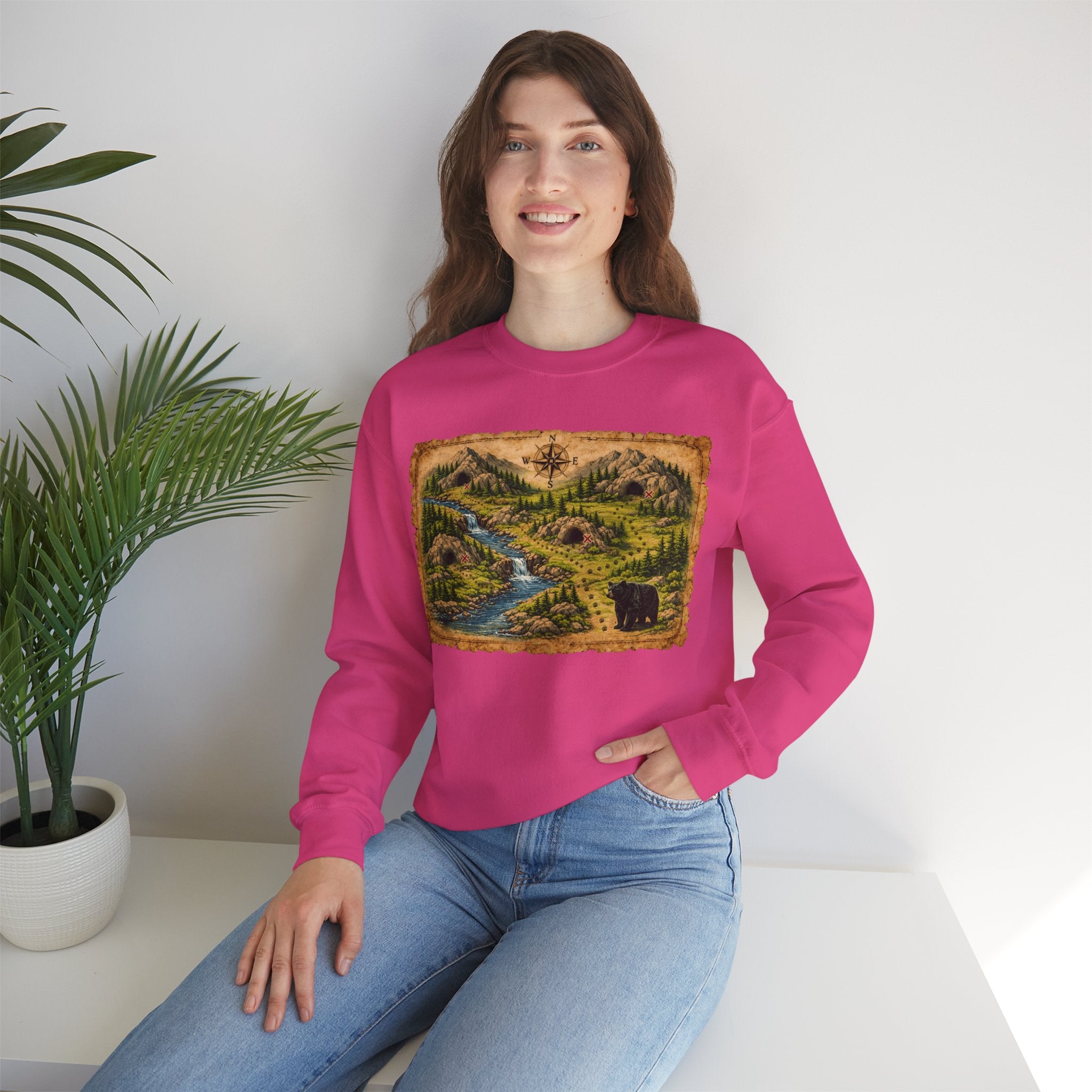 Bear Cave Treasure Map Unisex Crewneck Sweatshirt — Vintage Wilderness Map Graphic