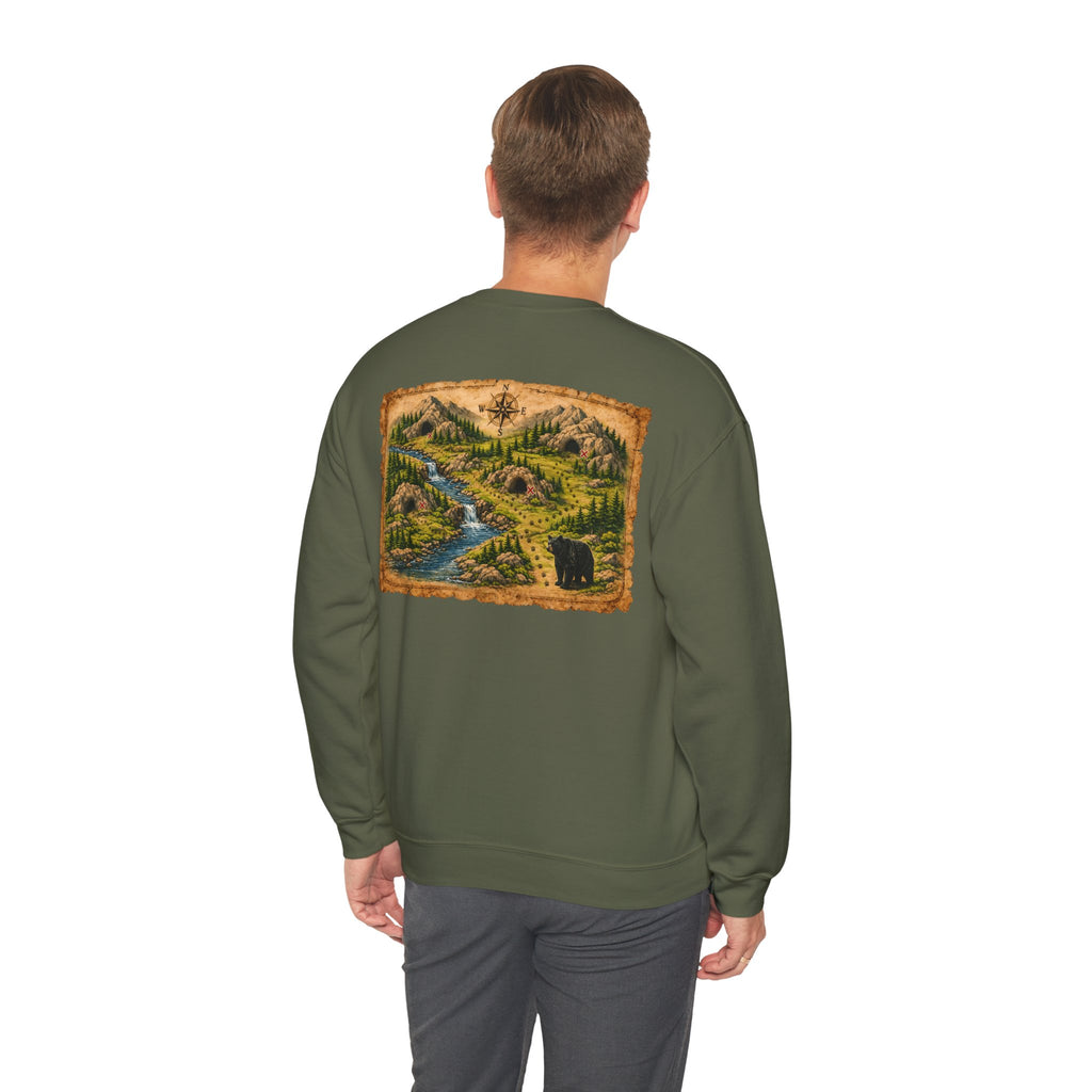 Bear Cave Treasure Map Unisex Crewneck Sweatshirt — Vintage Wilderness Map Graphic