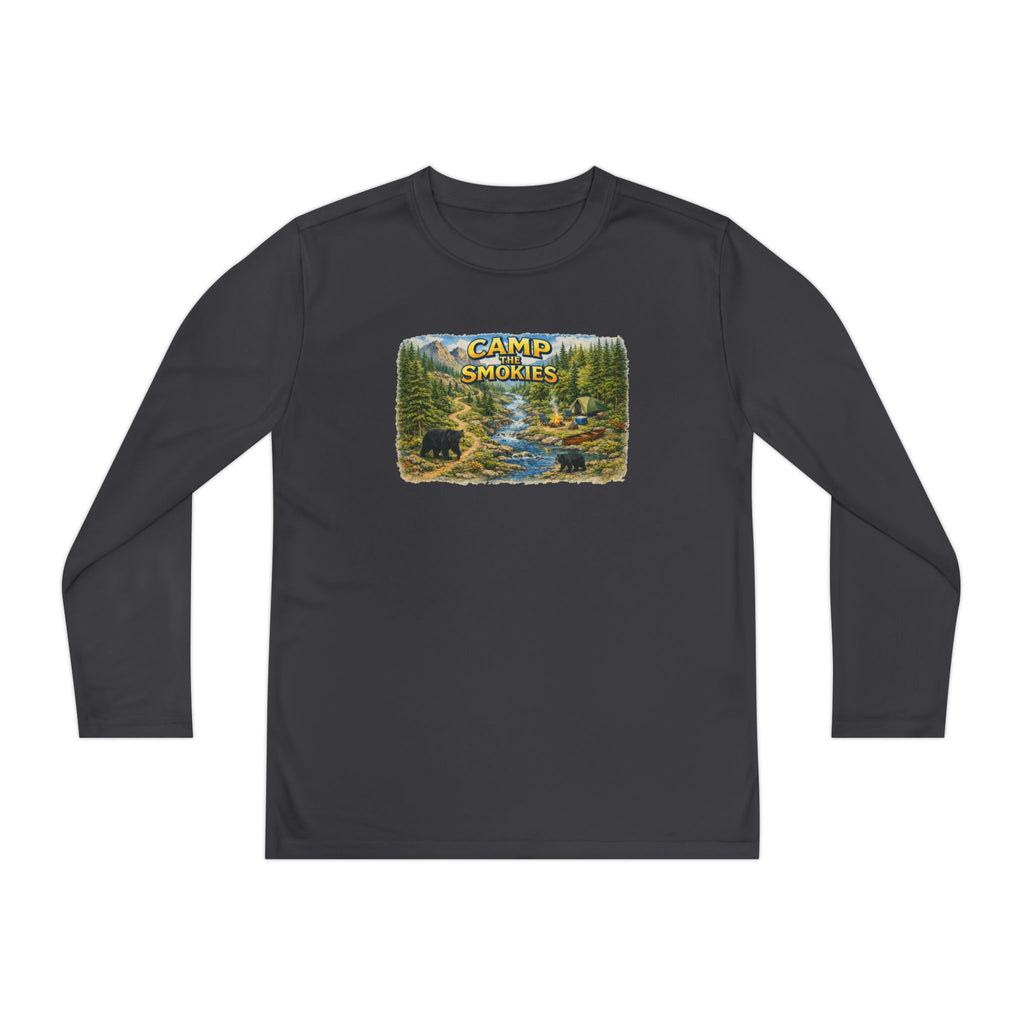 Camp Smokies Youth Long Sleeve Tee — Scenic Mountain River Camping Design