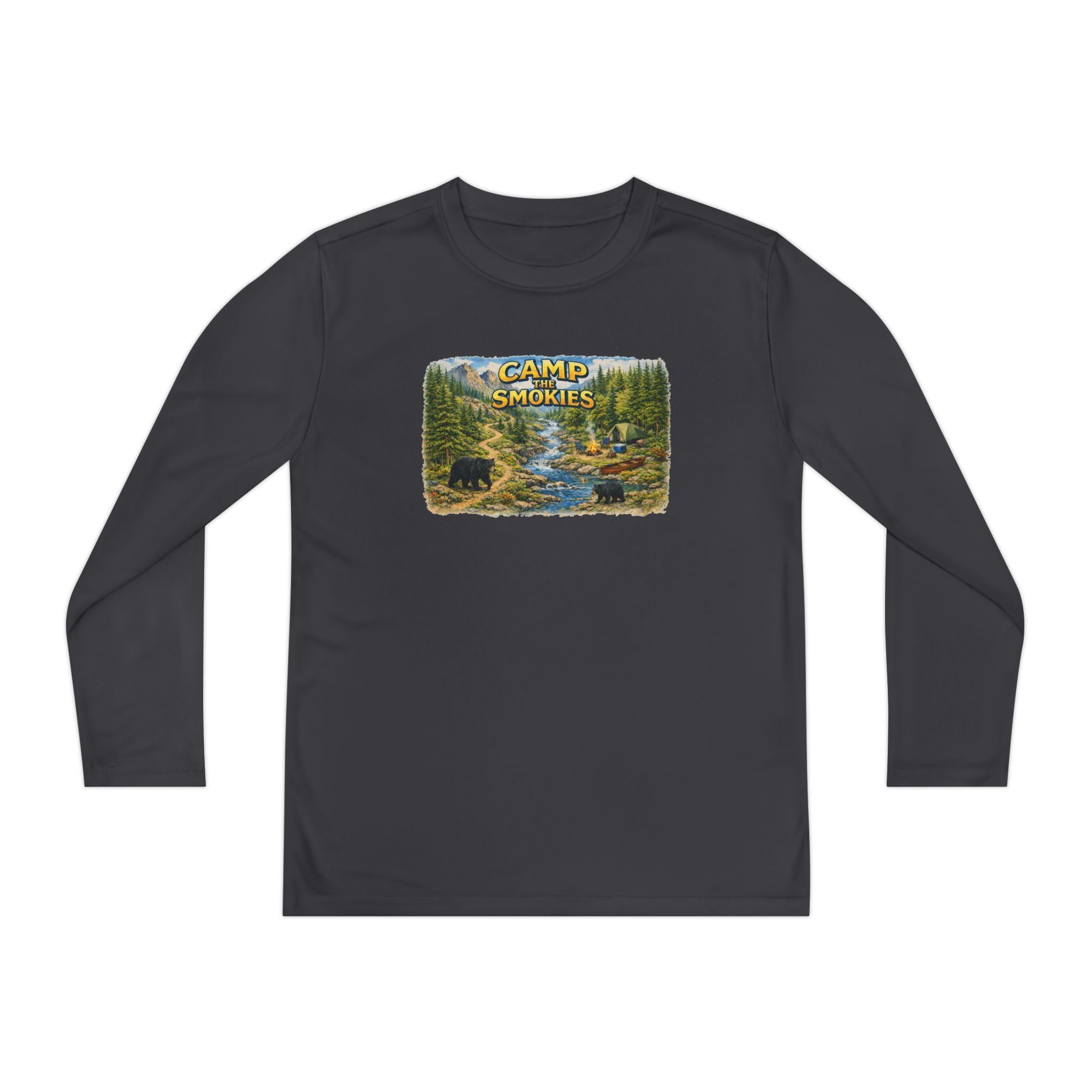 Camp Smokies Youth Long Sleeve Tee — Scenic Mountain River Camping Design