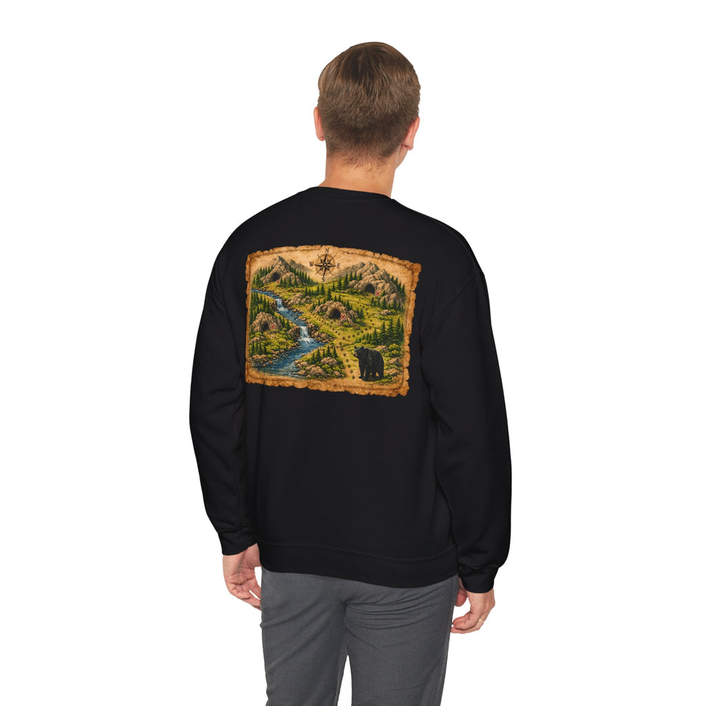 Bear Cave Treasure Map Unisex Crewneck Sweatshirt — Vintage Wilderness Map Graphic