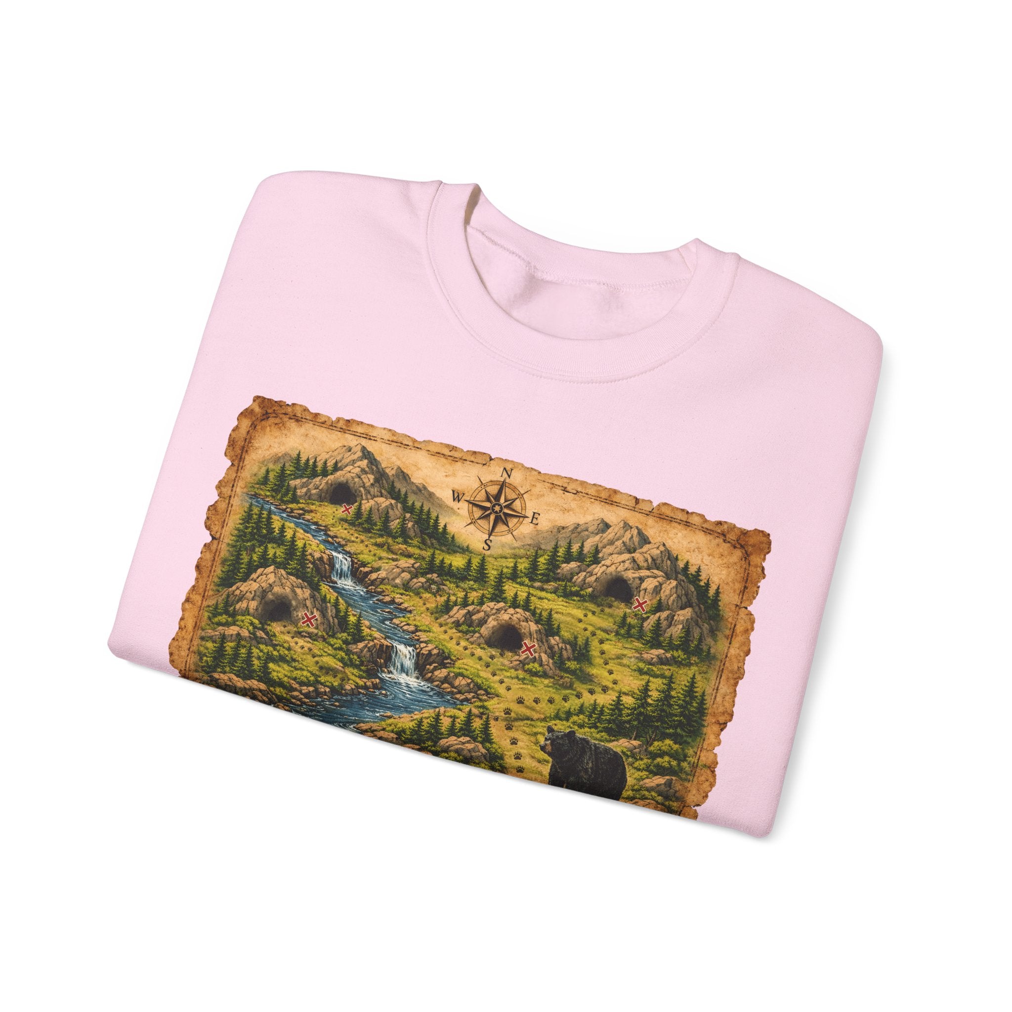 Bear Cave Treasure Map Unisex Crewneck Sweatshirt — Vintage Wilderness Map Graphic