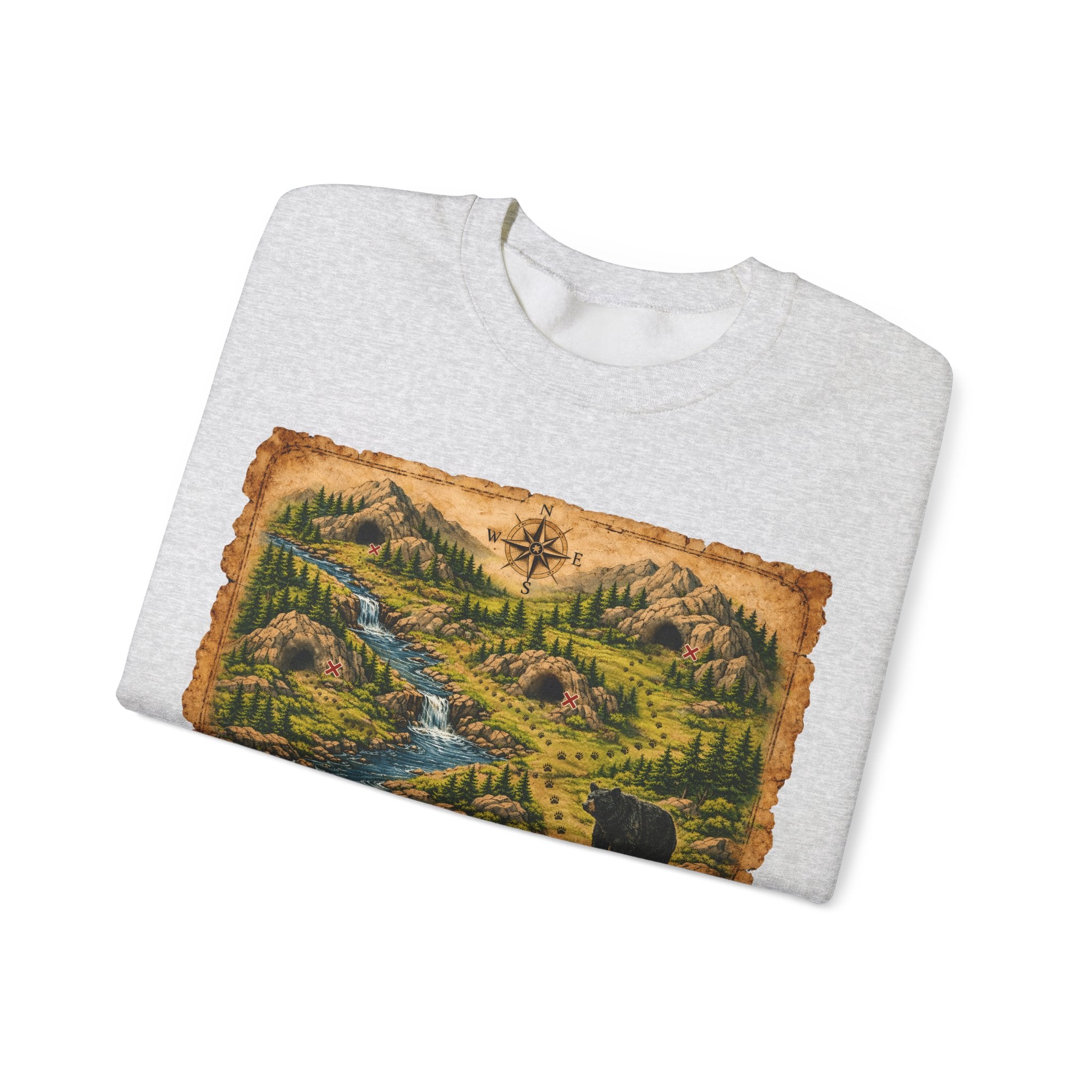 Bear Cave Treasure Map Unisex Crewneck Sweatshirt — Vintage Wilderness Map Graphic
