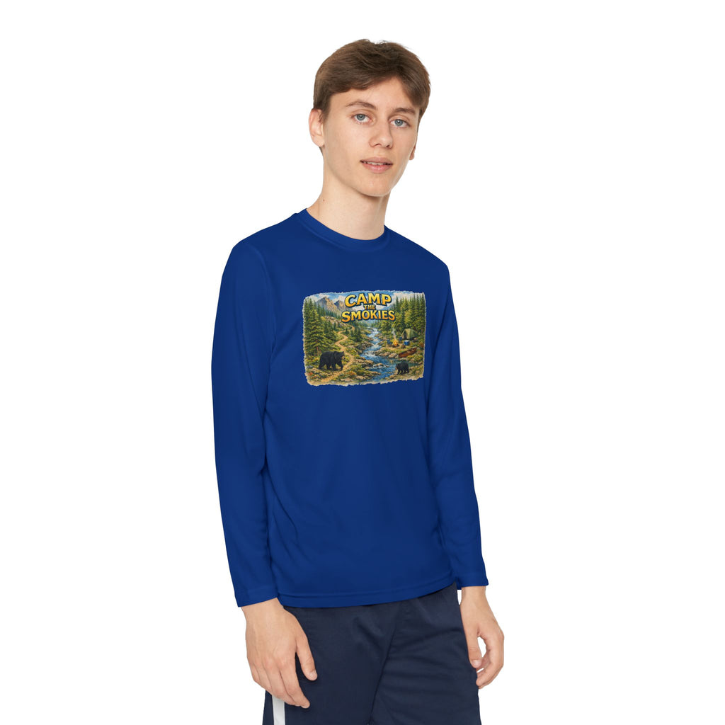 Camp Smokies Youth Long Sleeve Tee — Scenic Mountain River Camping Design