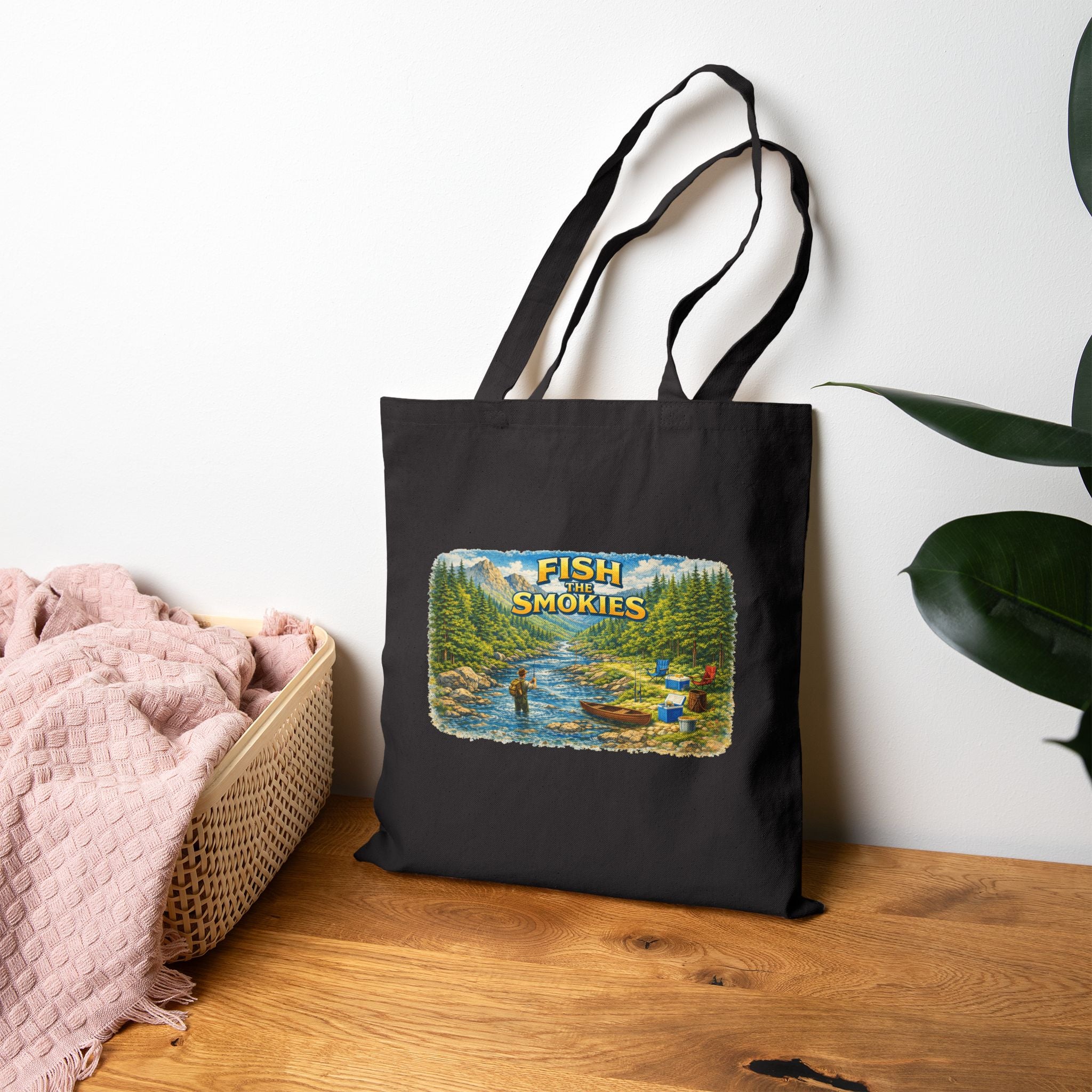Fish The Smokies River Scene Tote Bag - Fishing Nature Canvas Grocery Tote