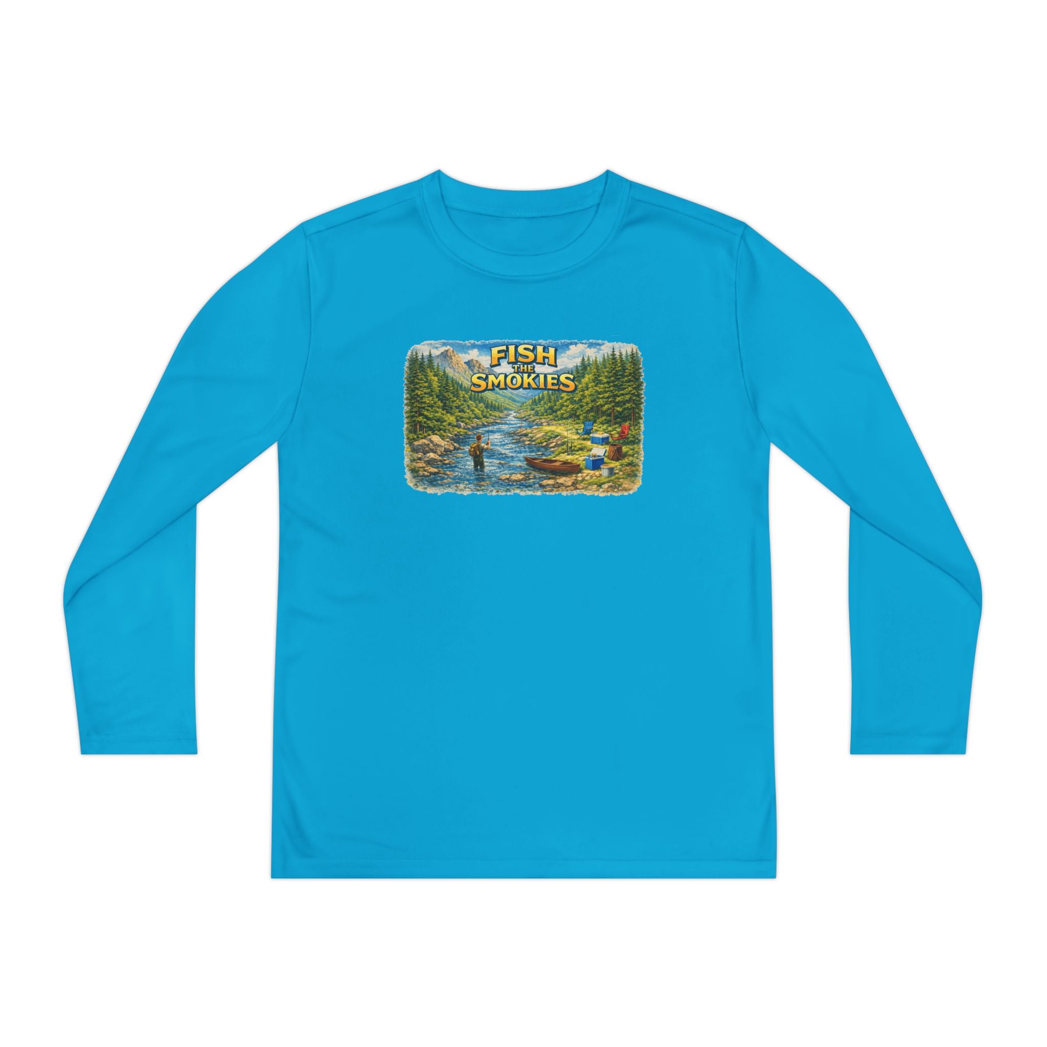Youth Long Sleeve Tee - 'Fish Smokies' Scenic Fishing River Graphic