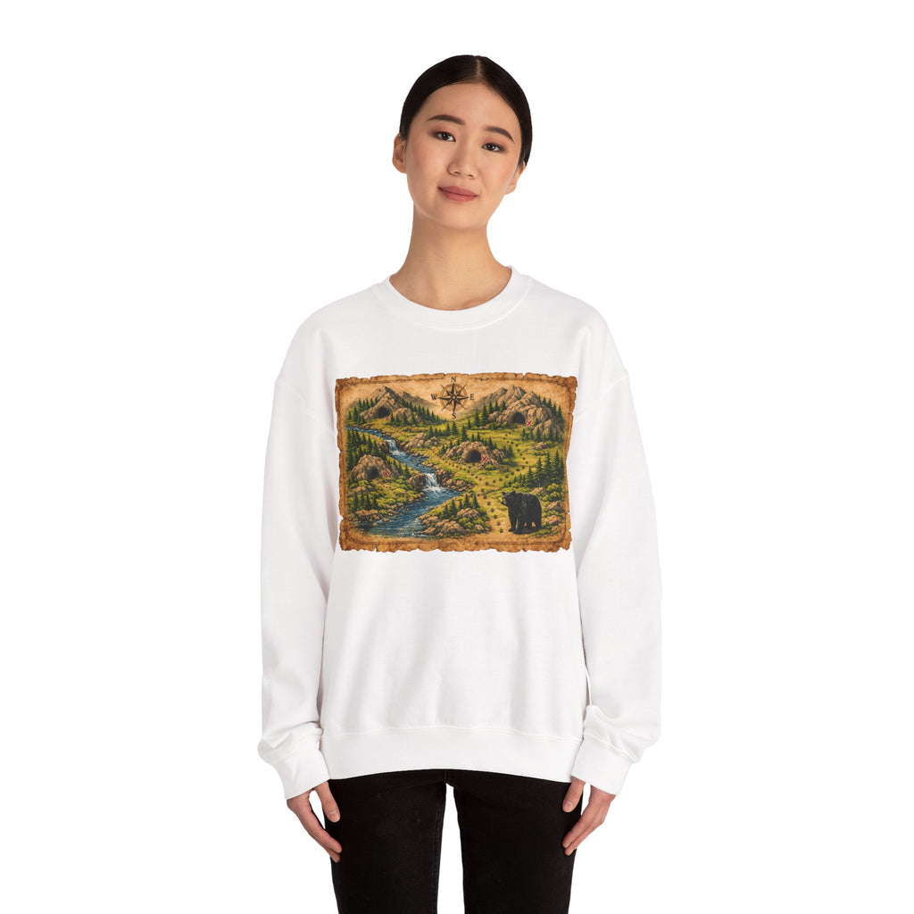 Bear Cave Treasure Map Unisex Crewneck Sweatshirt — Vintage Wilderness Map Graphic