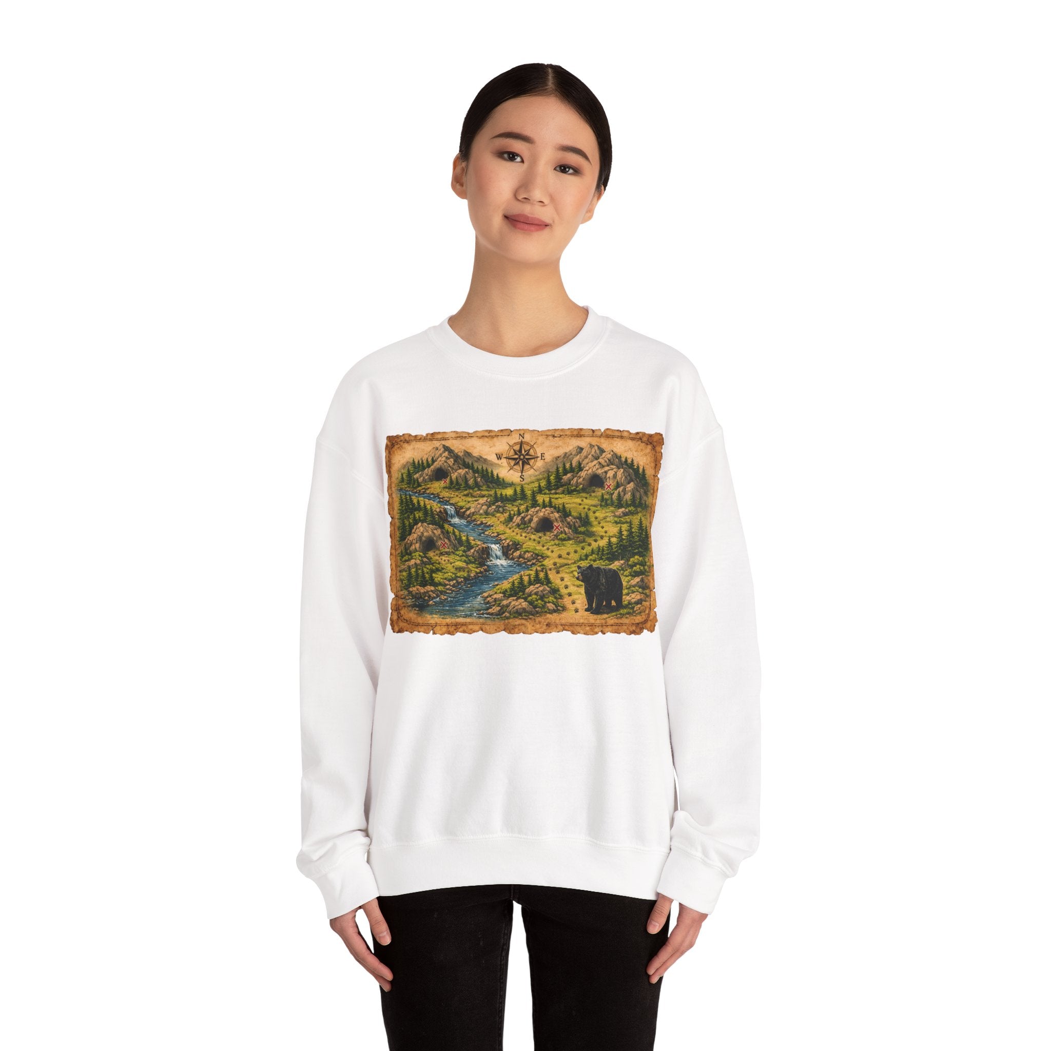Bear Cave Treasure Map Unisex Crewneck Sweatshirt — Vintage Wilderness Map Graphic