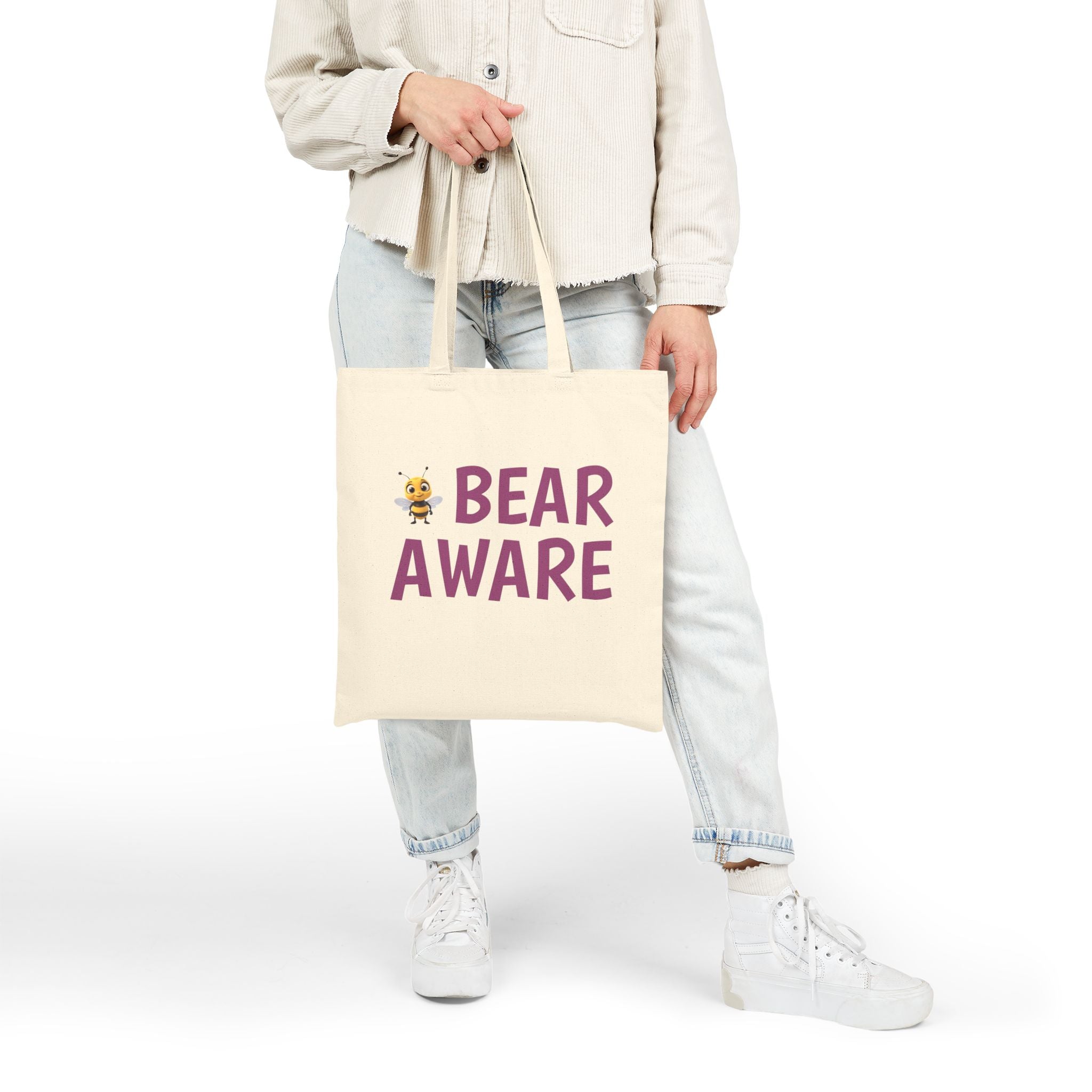 Bear Aware Cotton Tote Bag — Cute Bee & 'BEAR AWARE' Eco Canvas Shopper