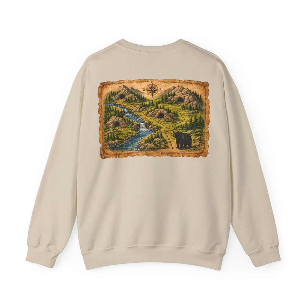 Bear Cave Treasure Map Unisex Crewneck Sweatshirt — Vintage Wilderness Map Graphic