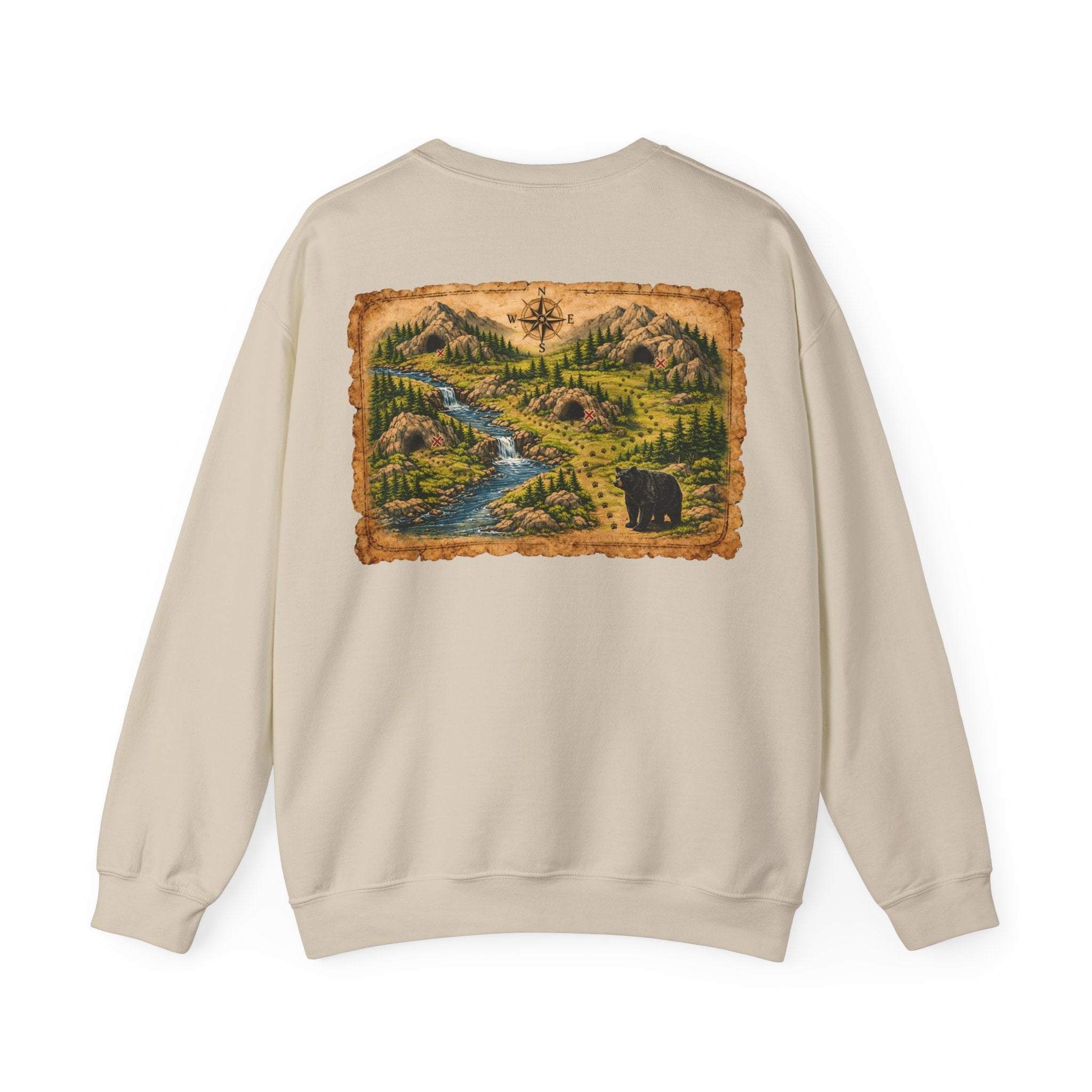 Bear Cave Treasure Map Unisex Crewneck Sweatshirt — Vintage Wilderness Map Graphic