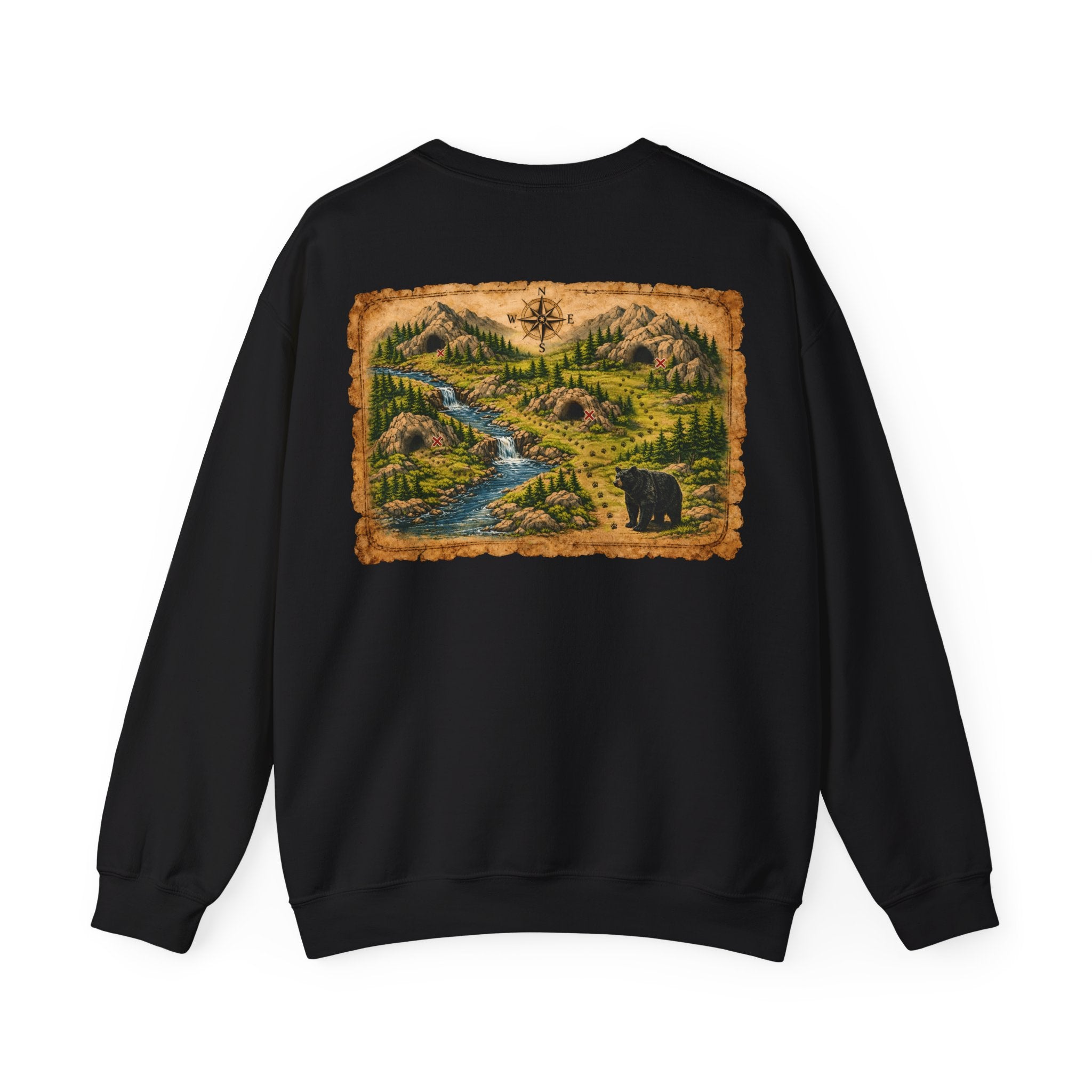 Bear Cave Treasure Map Unisex Crewneck Sweatshirt — Vintage Wilderness Map Graphic