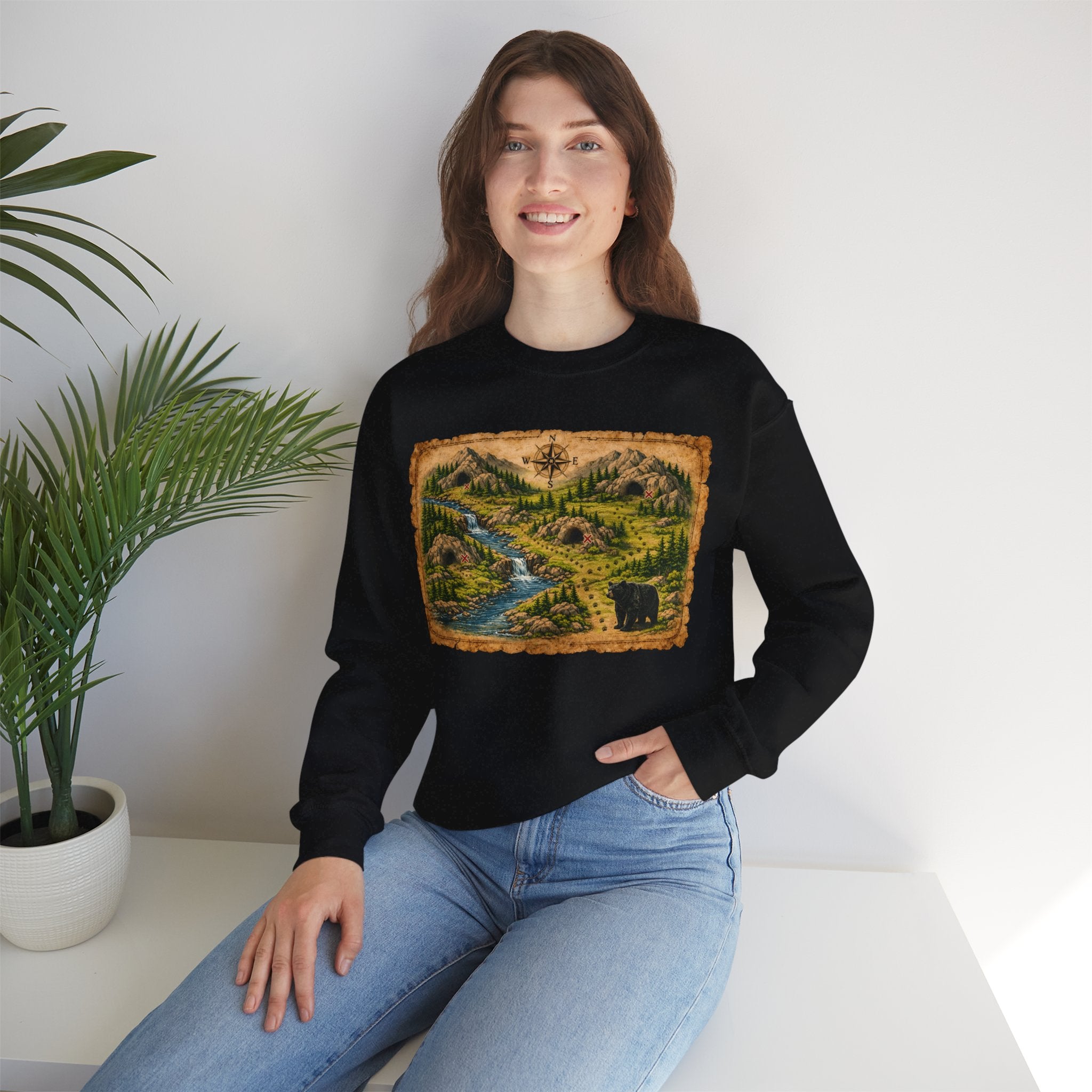 Bear Cave Treasure Map Unisex Crewneck Sweatshirt — Vintage Wilderness Map Graphic