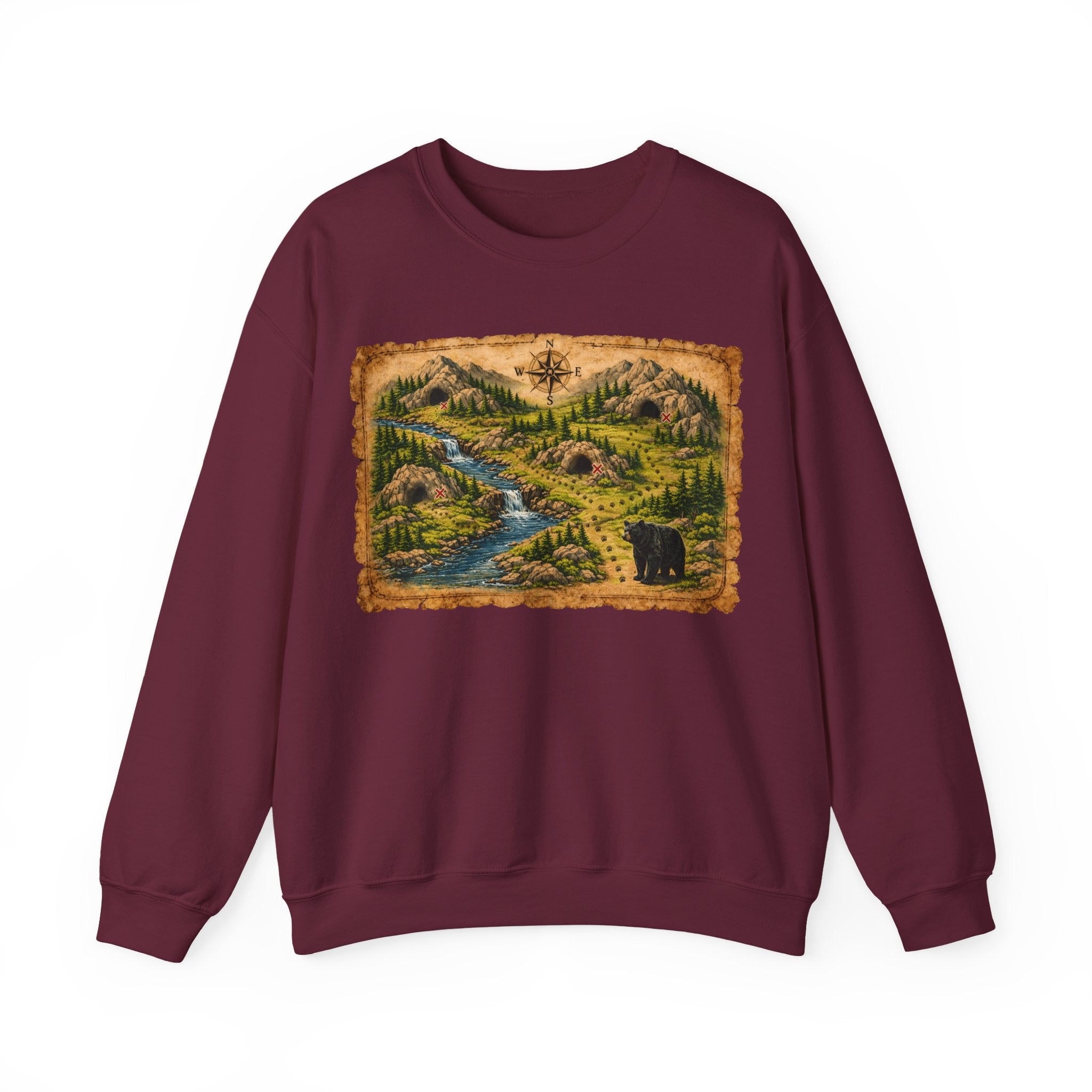 Bear Cave Treasure Map Unisex Crewneck Sweatshirt — Vintage Wilderness Map Graphic
