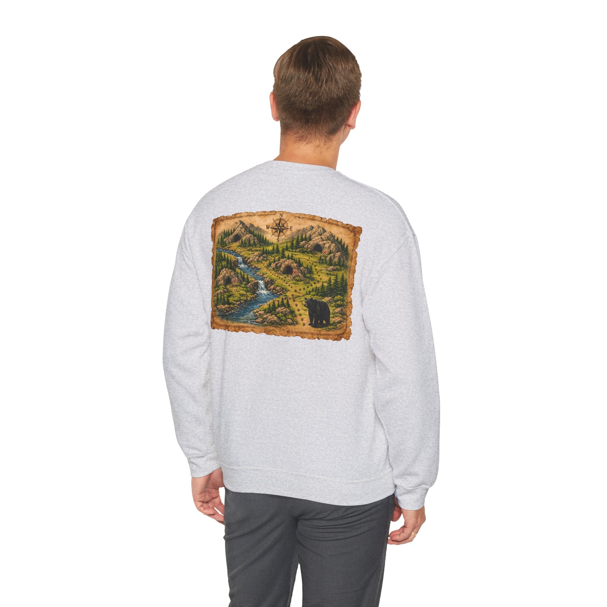 Bear Cave Treasure Map Unisex Crewneck Sweatshirt — Vintage Wilderness Map Graphic
