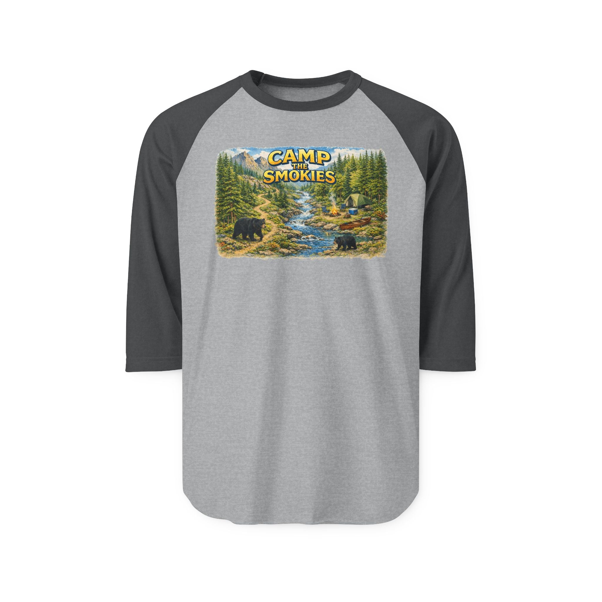 Camp The Smokies Unisex Raglan Shirt — Vintage Mountain Camping Baseball Tee