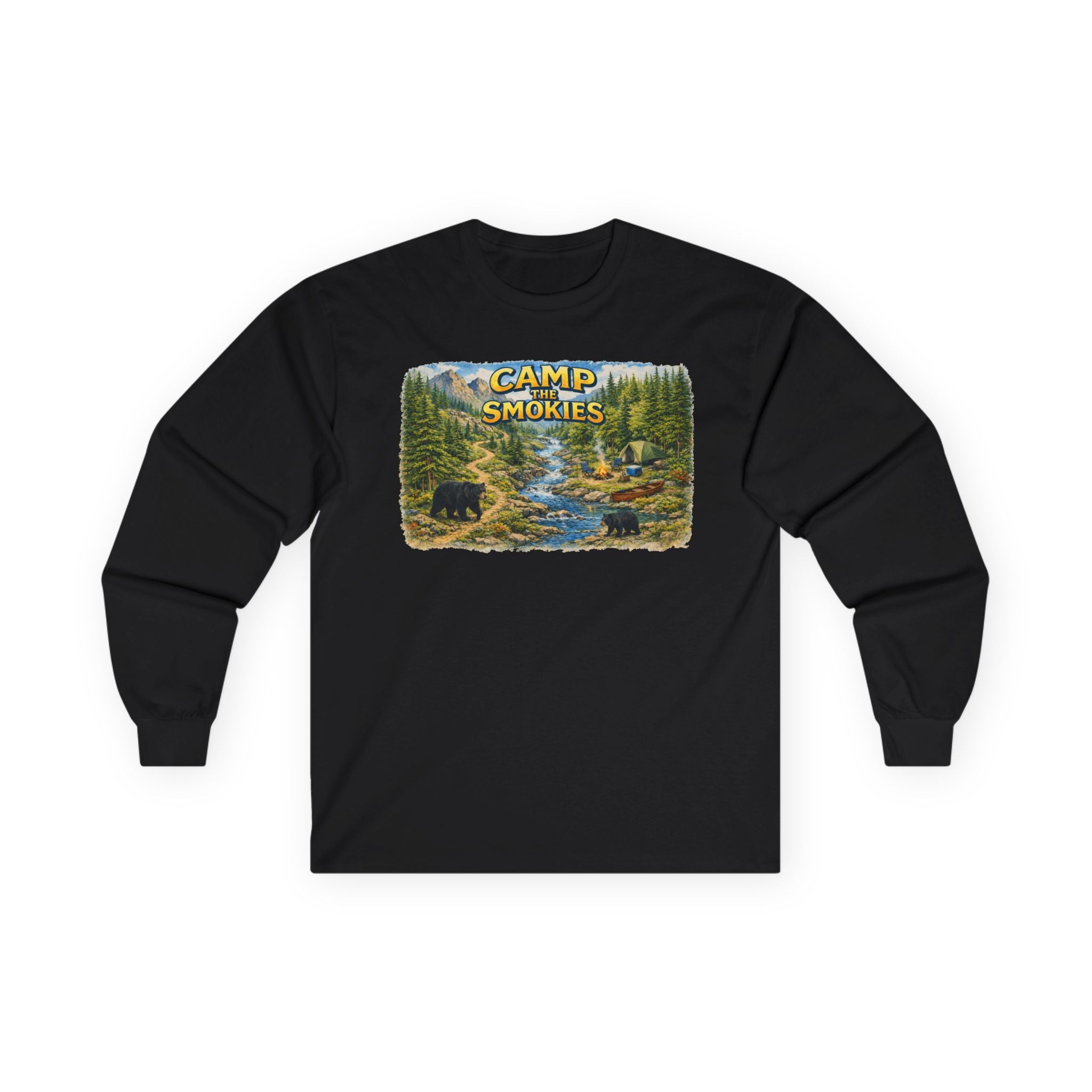 Camp The Smokies Scenic Long Sleeve Unisex Tee — Mountain Camping Bear Graphic