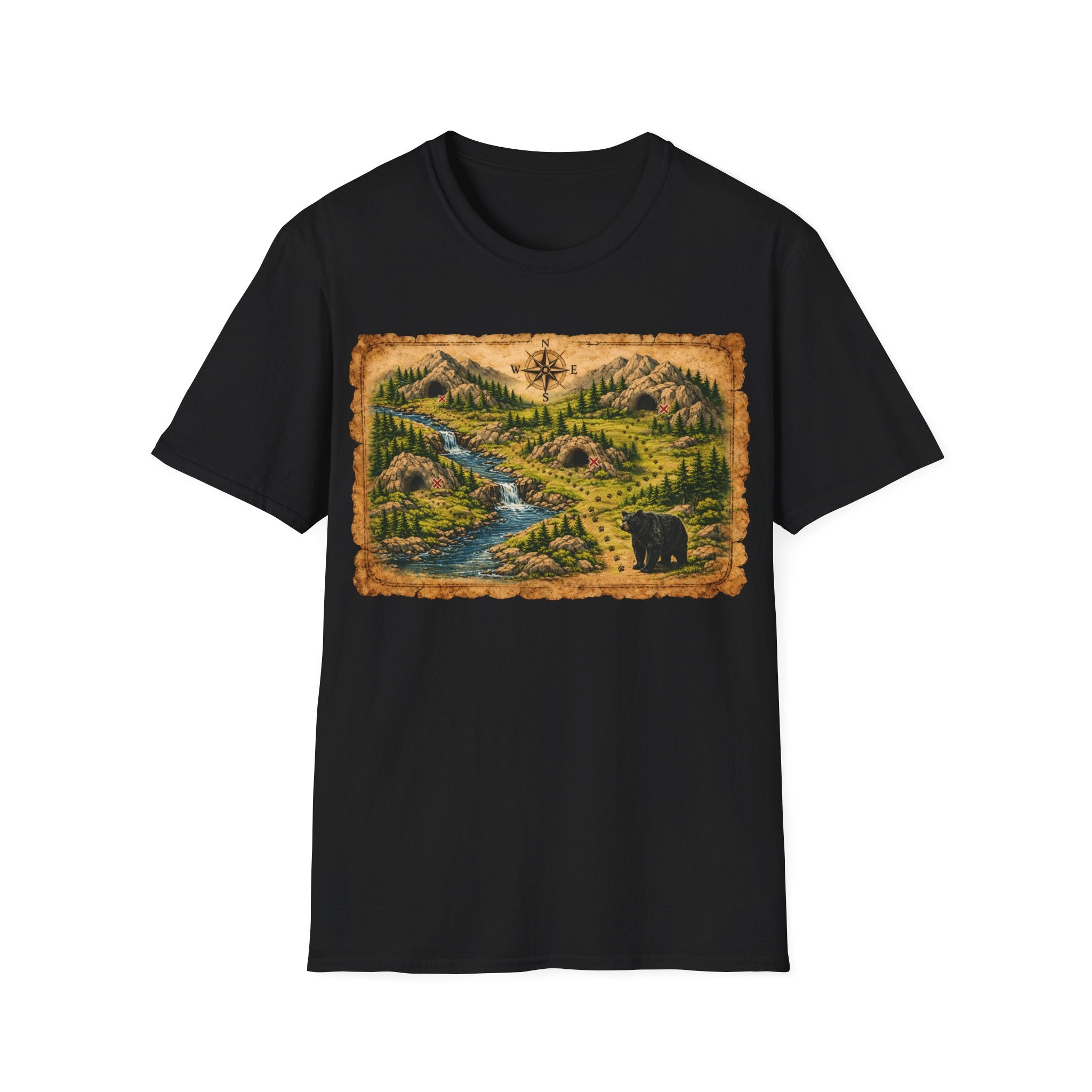 Adventure Map Unisex T-Shirt — Vintage Hiking Map with River & Bear Art