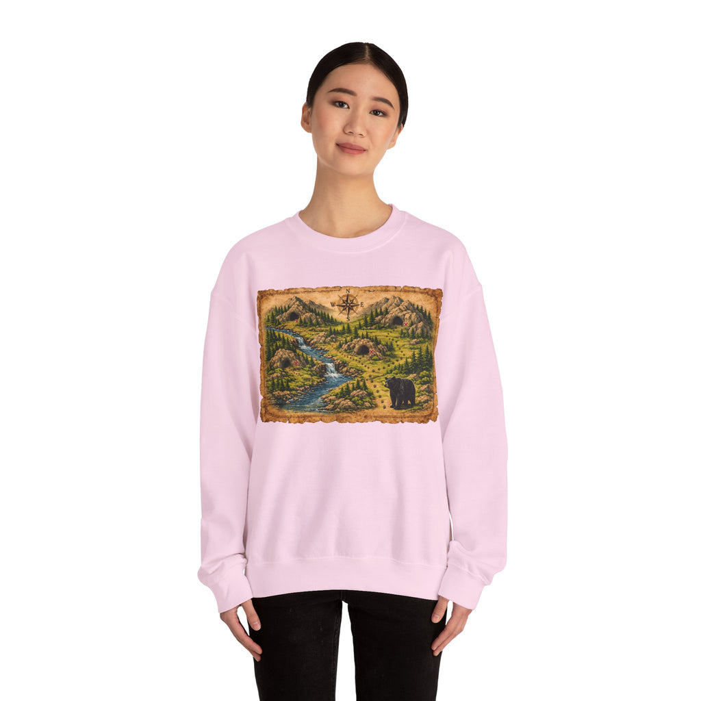 Bear Cave Treasure Map Unisex Crewneck Sweatshirt — Vintage Wilderness Map Graphic