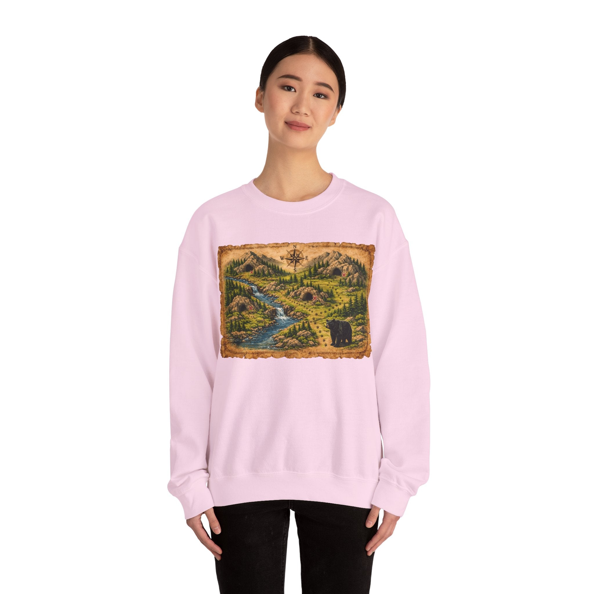 Bear Cave Treasure Map Unisex Crewneck Sweatshirt — Vintage Wilderness Map Graphic