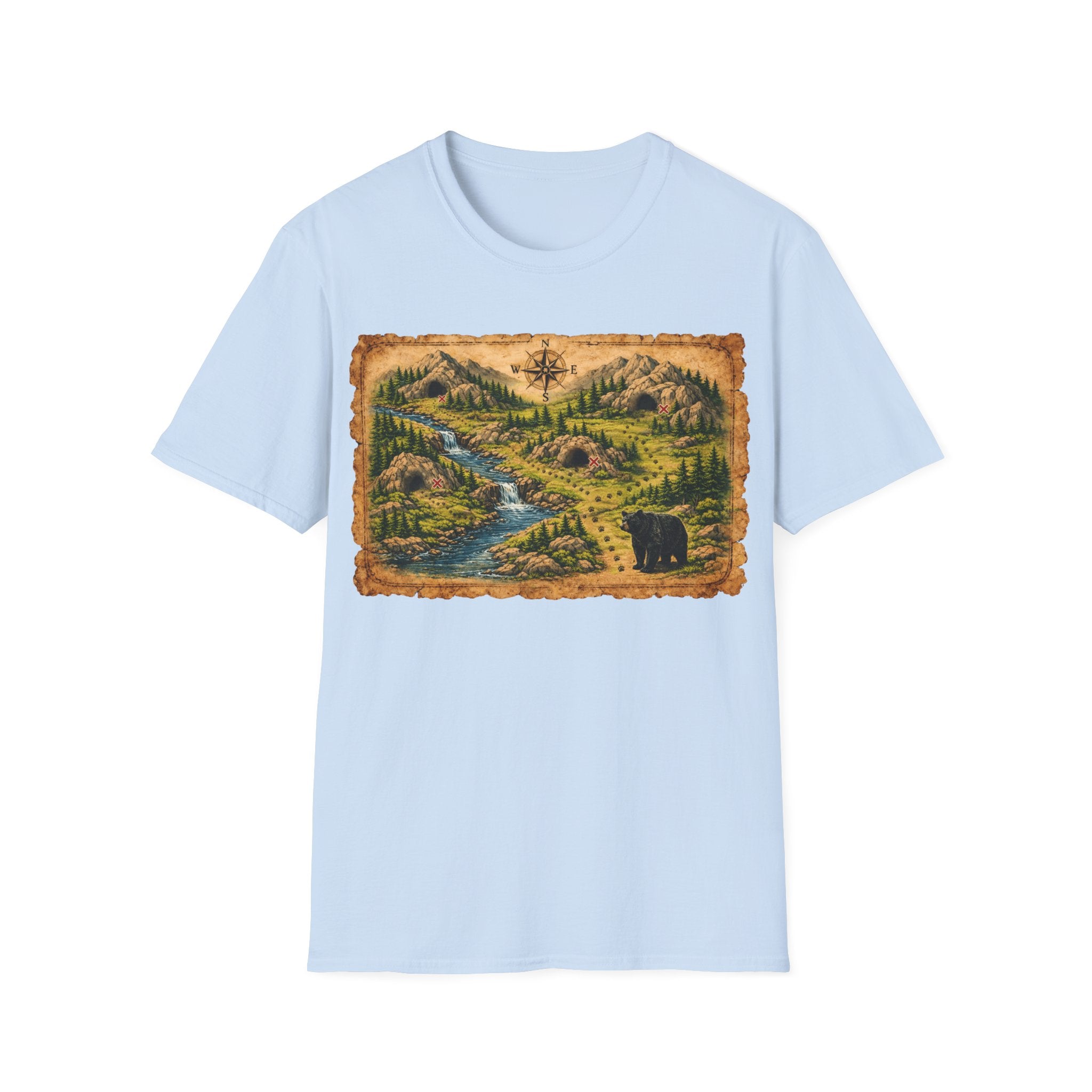 Adventure Map Unisex T-Shirt — Vintage Hiking Map with River & Bear Art