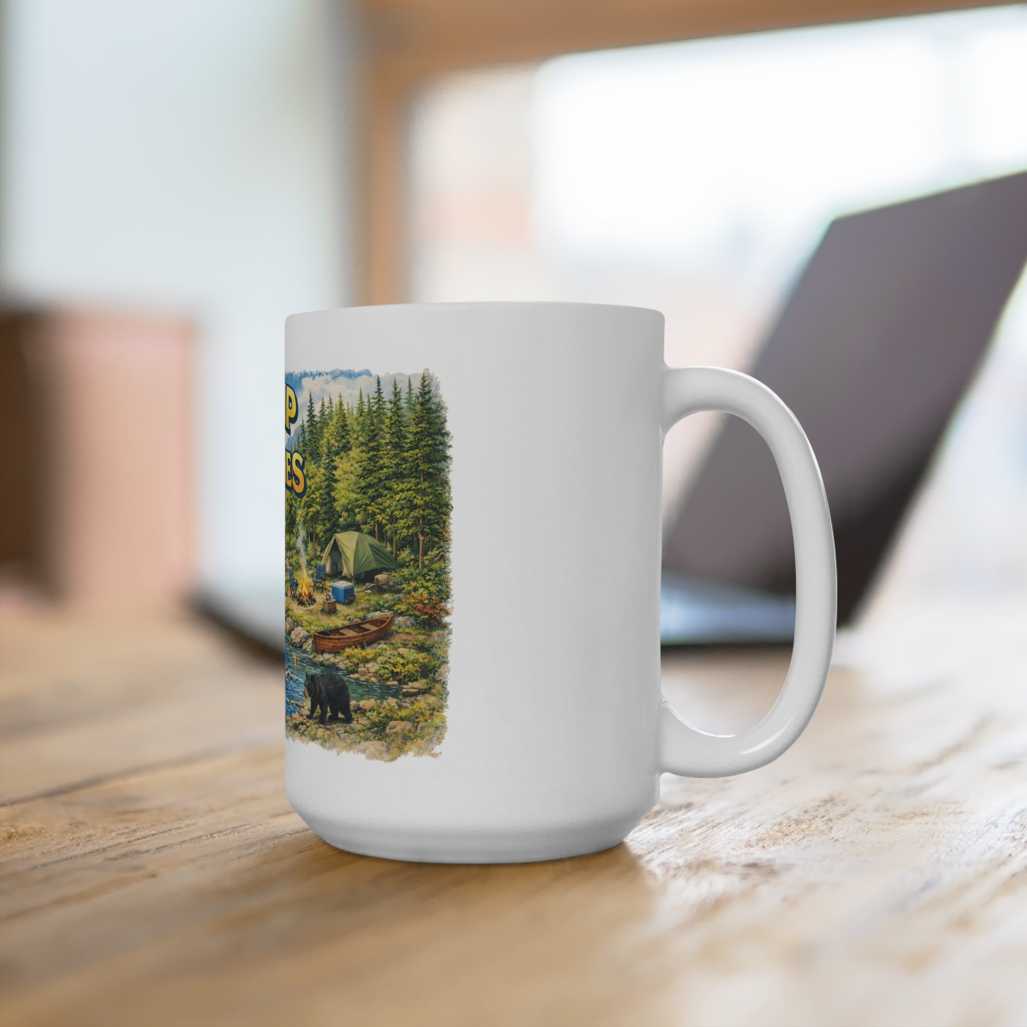 Camp the Smokies 15oz Ceramic Mug — Scenic Smoky Mountains Camping Design