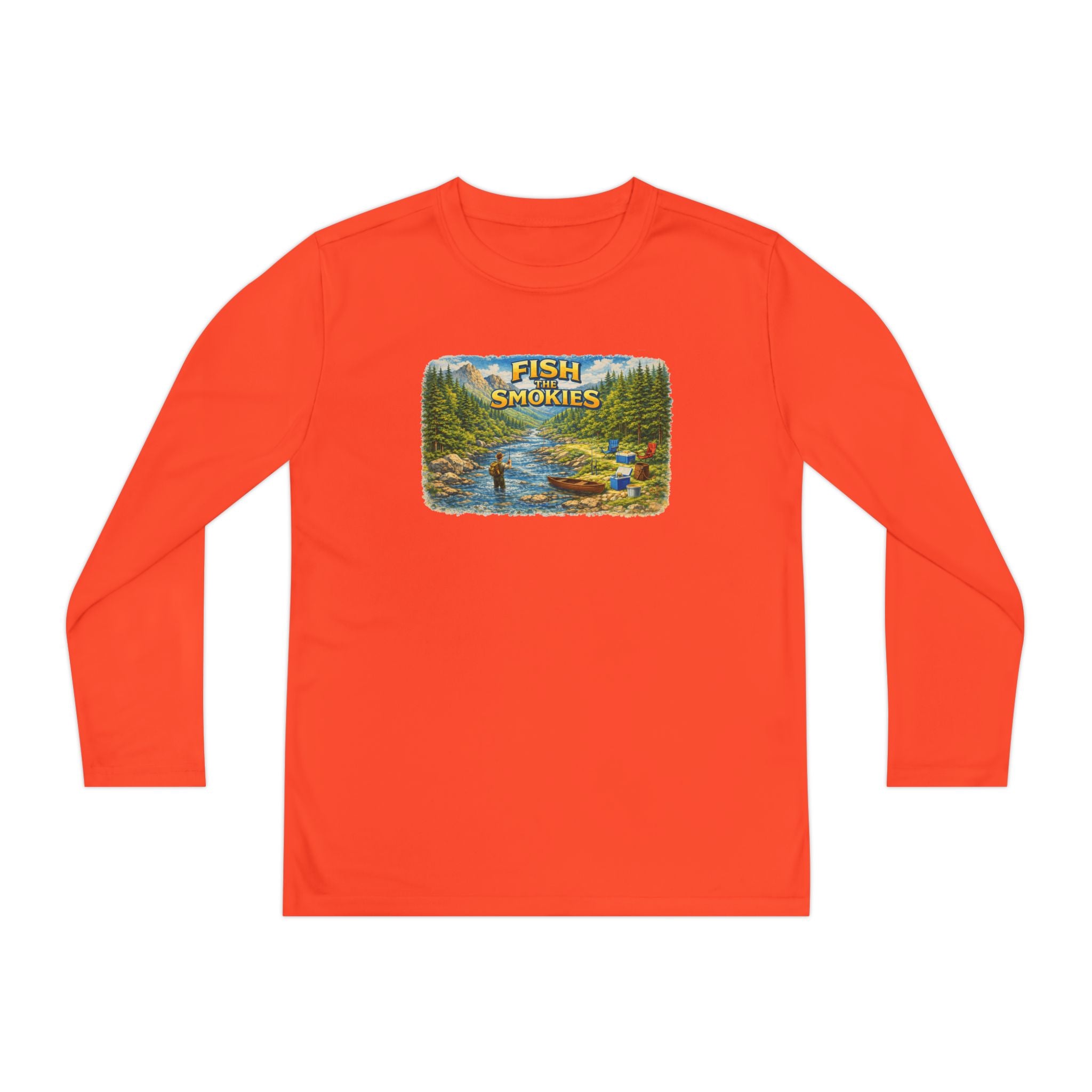 Youth Long Sleeve Tee - 'Fish Smokies' Scenic Fishing River Graphic