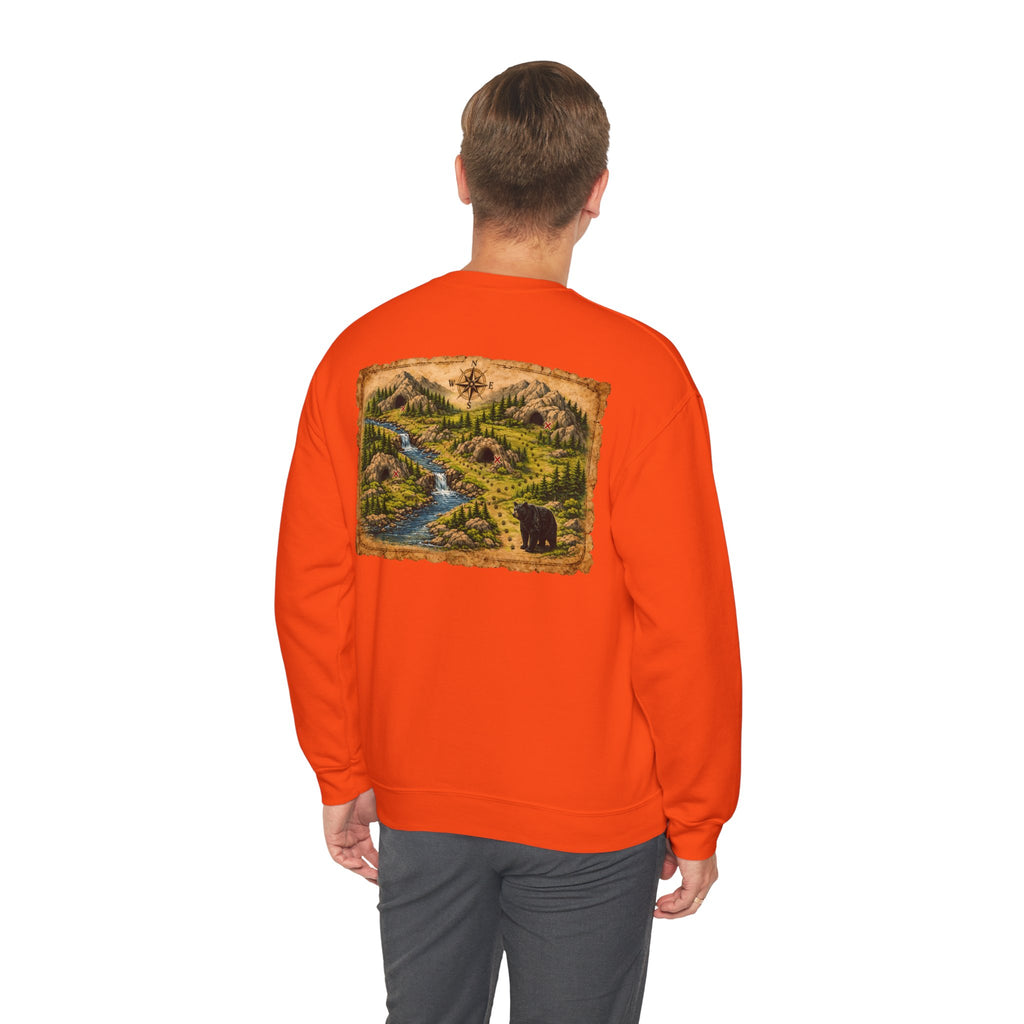 Bear Cave Treasure Map Unisex Crewneck Sweatshirt — Vintage Wilderness Map Graphic