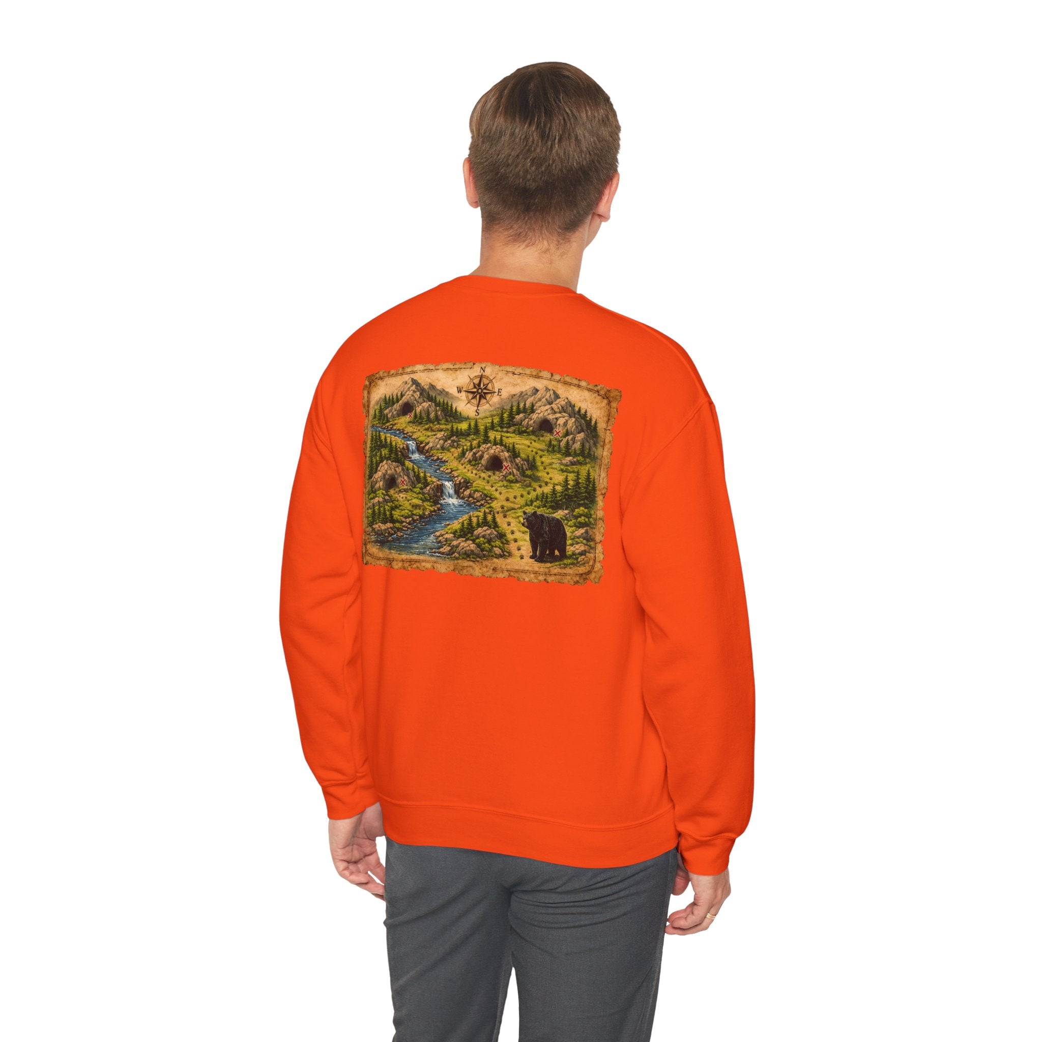 Bear Cave Treasure Map Unisex Crewneck Sweatshirt — Vintage Wilderness Map Graphic