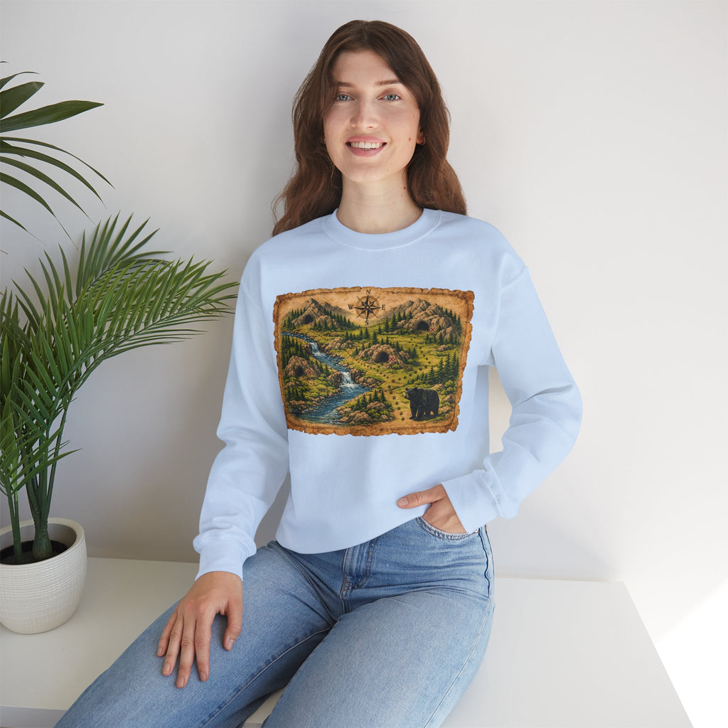 Bear Cave Treasure Map Unisex Crewneck Sweatshirt — Vintage Wilderness Map Graphic