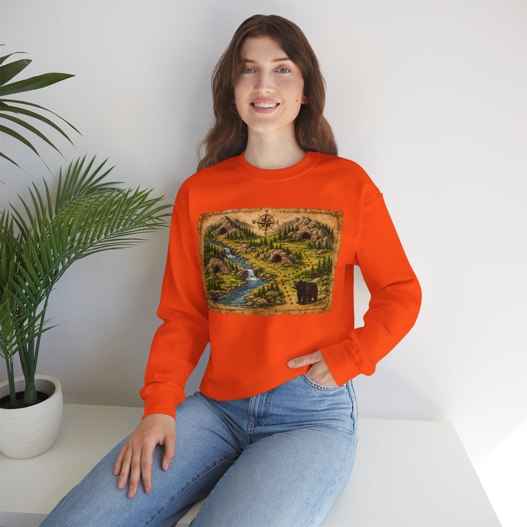 Bear Cave Treasure Map Unisex Crewneck Sweatshirt — Vintage Wilderness Map Graphic