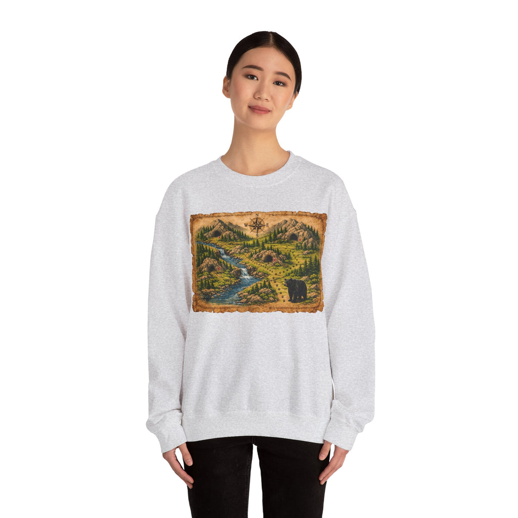 Bear Cave Treasure Map Unisex Crewneck Sweatshirt — Vintage Wilderness Map Graphic